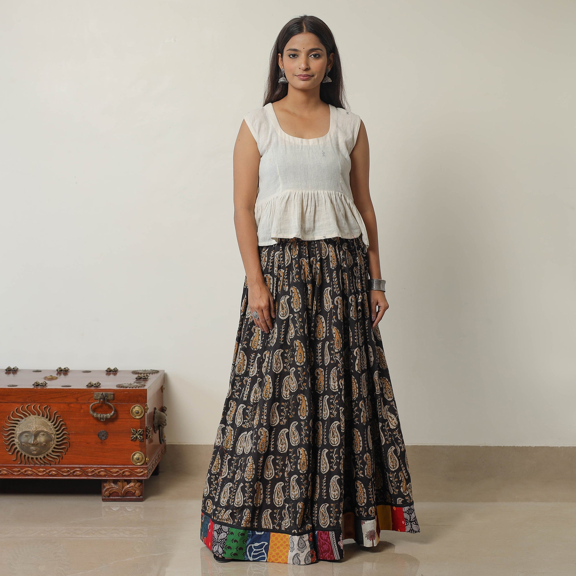 NOORI BAZAR Black - Bagru Block Printed 24 Kali Patchwork Cotton Long Skirt 40