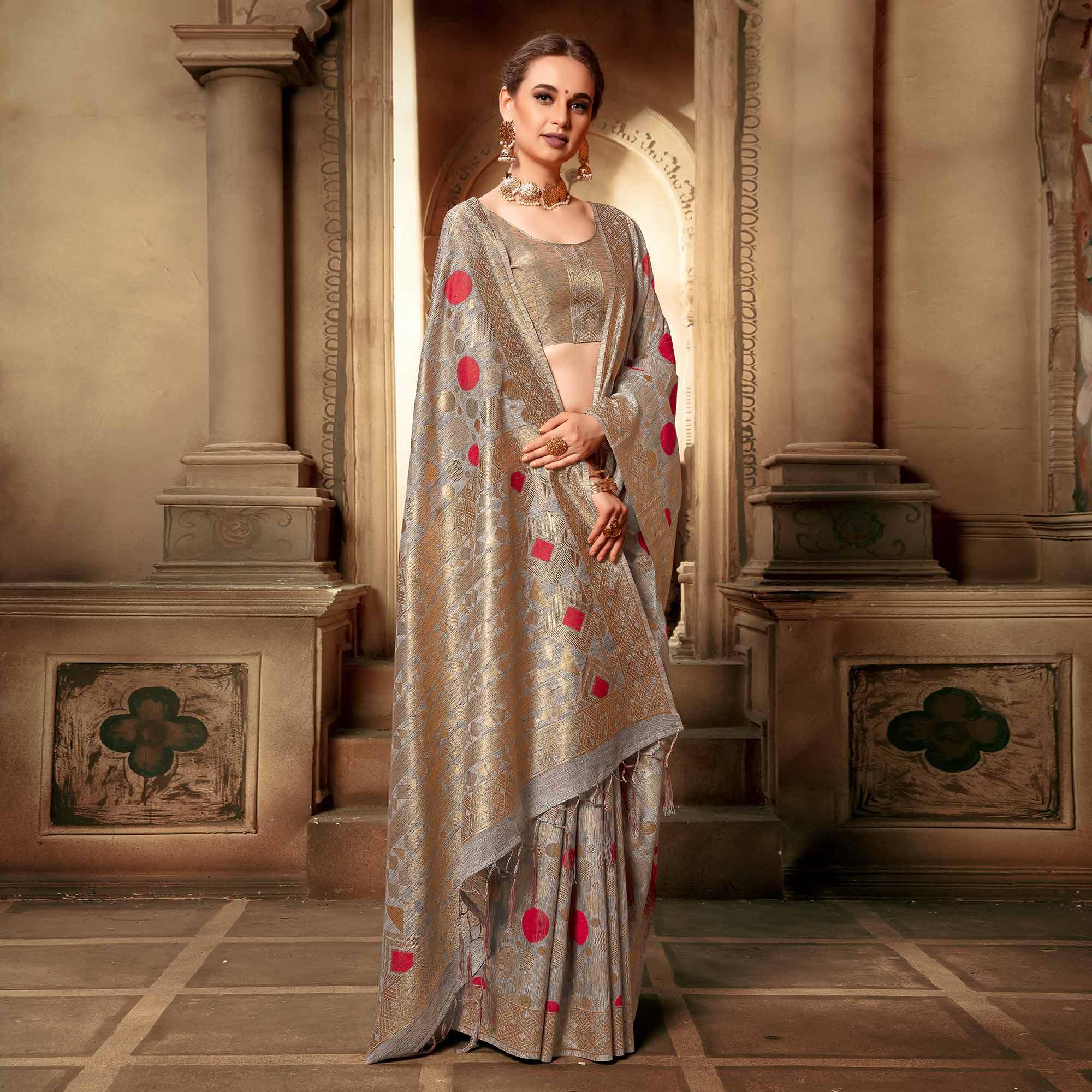 Peachmode Fantastic Gray Colored Festive Wear Woven Cotton Silk Saree