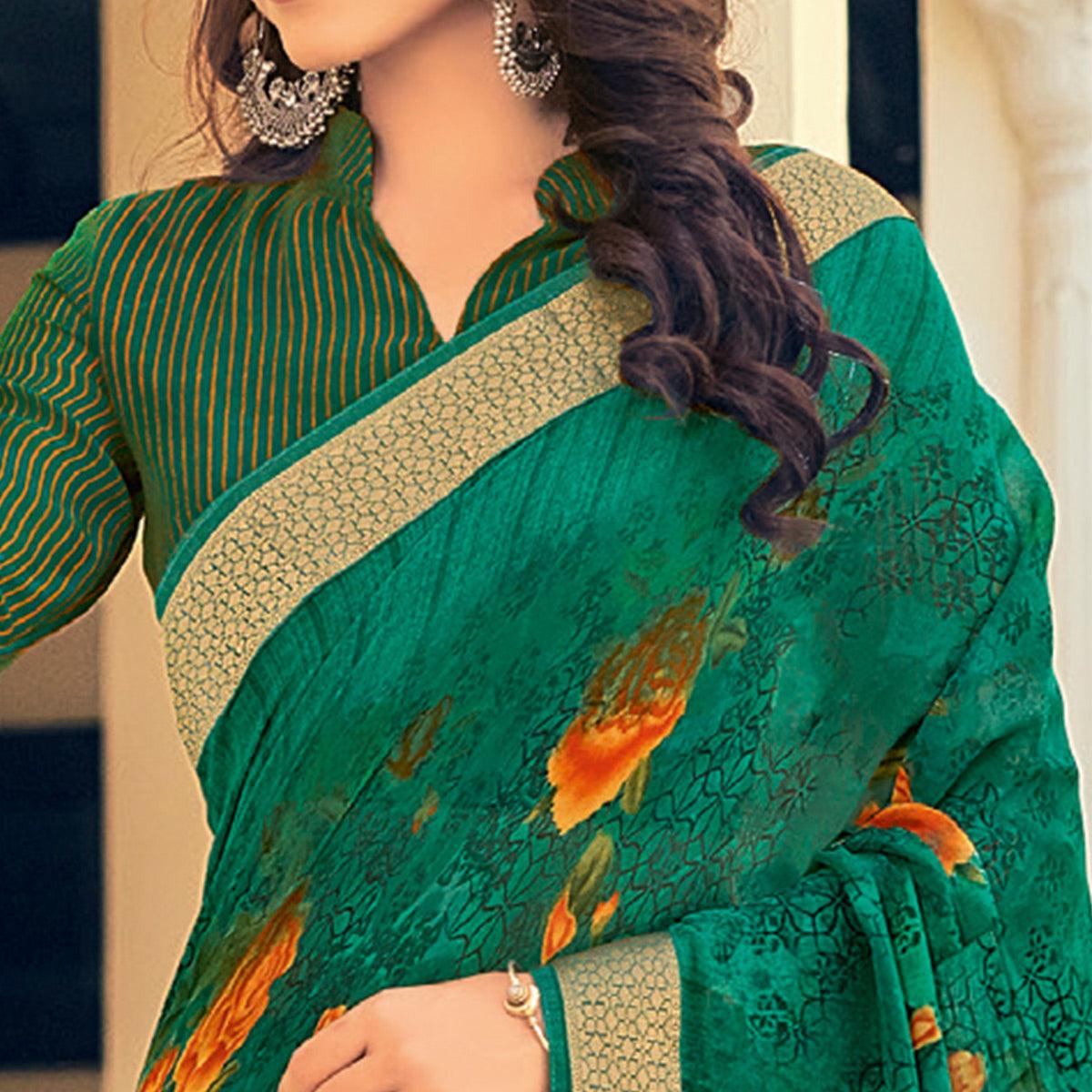 Peachmode Bottle Green Casual Wear Printed Georgette Saree With Border - view 2