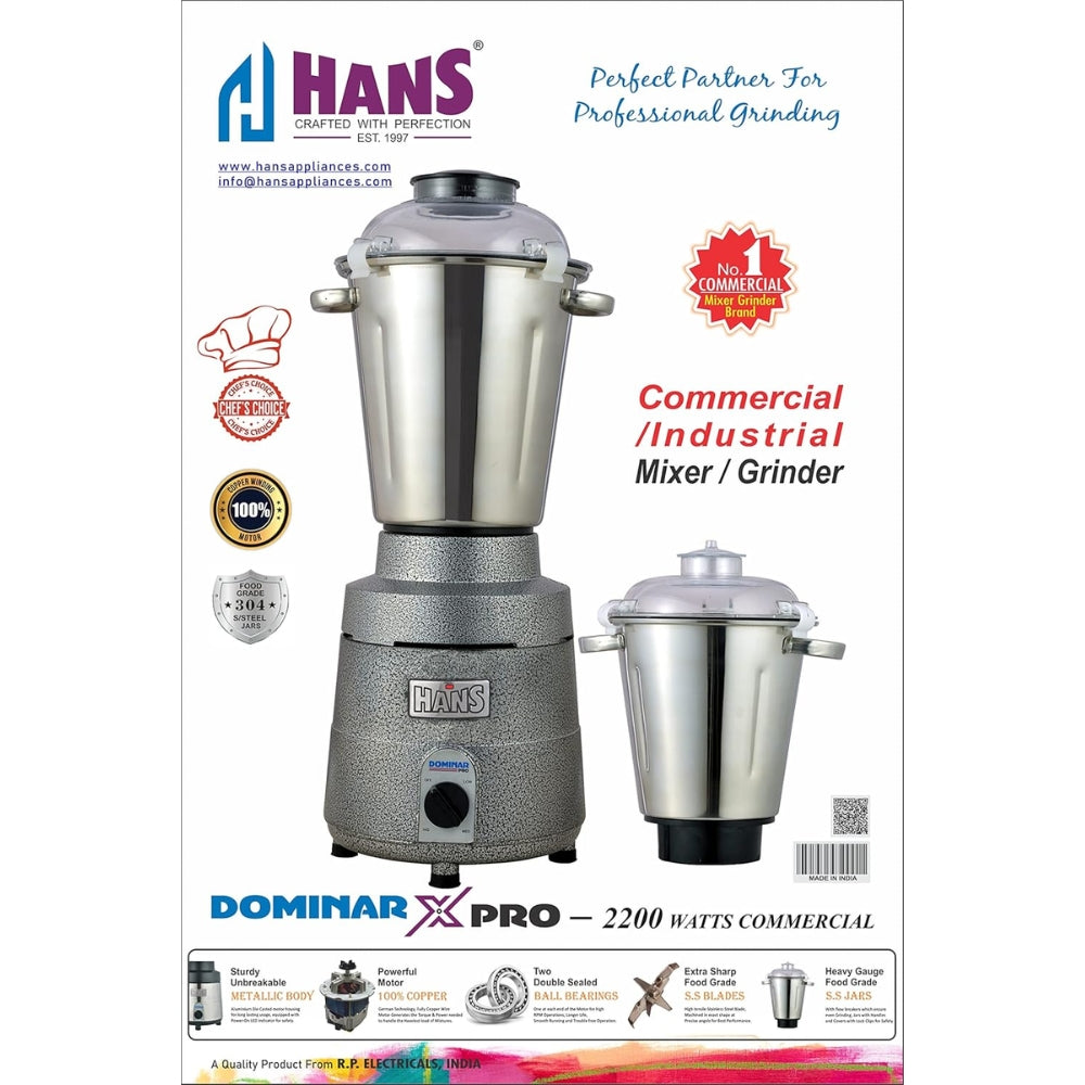 HANS Dominar X Pro 2200 Watts 3 HP Commercial Mixer Grinder With 2 Jar Heavy Duty | Black Grey - view 4