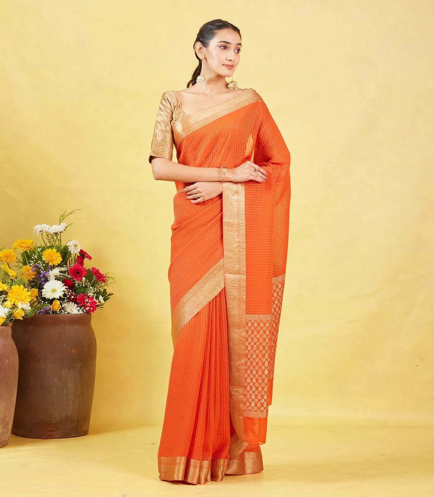 RmKV Orange Mysore Crepe Silk Saree With Floral Motifs & Zari Border - view 2