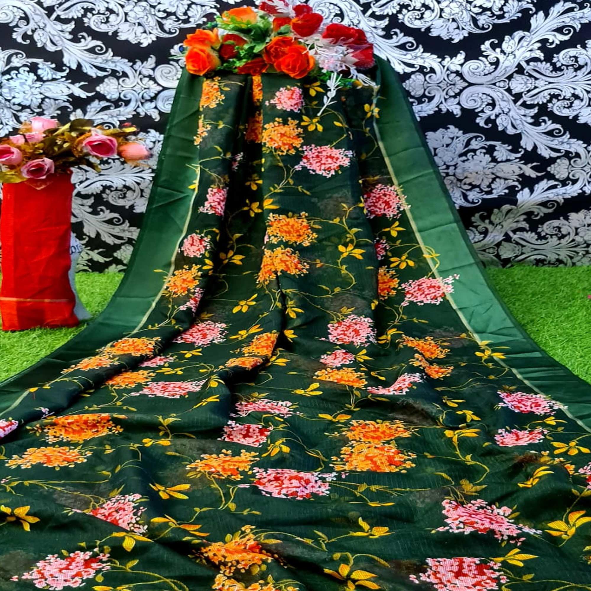 Peachmode Mesmeric Green Colored Festive Wear Woven Linen Cotton Saree