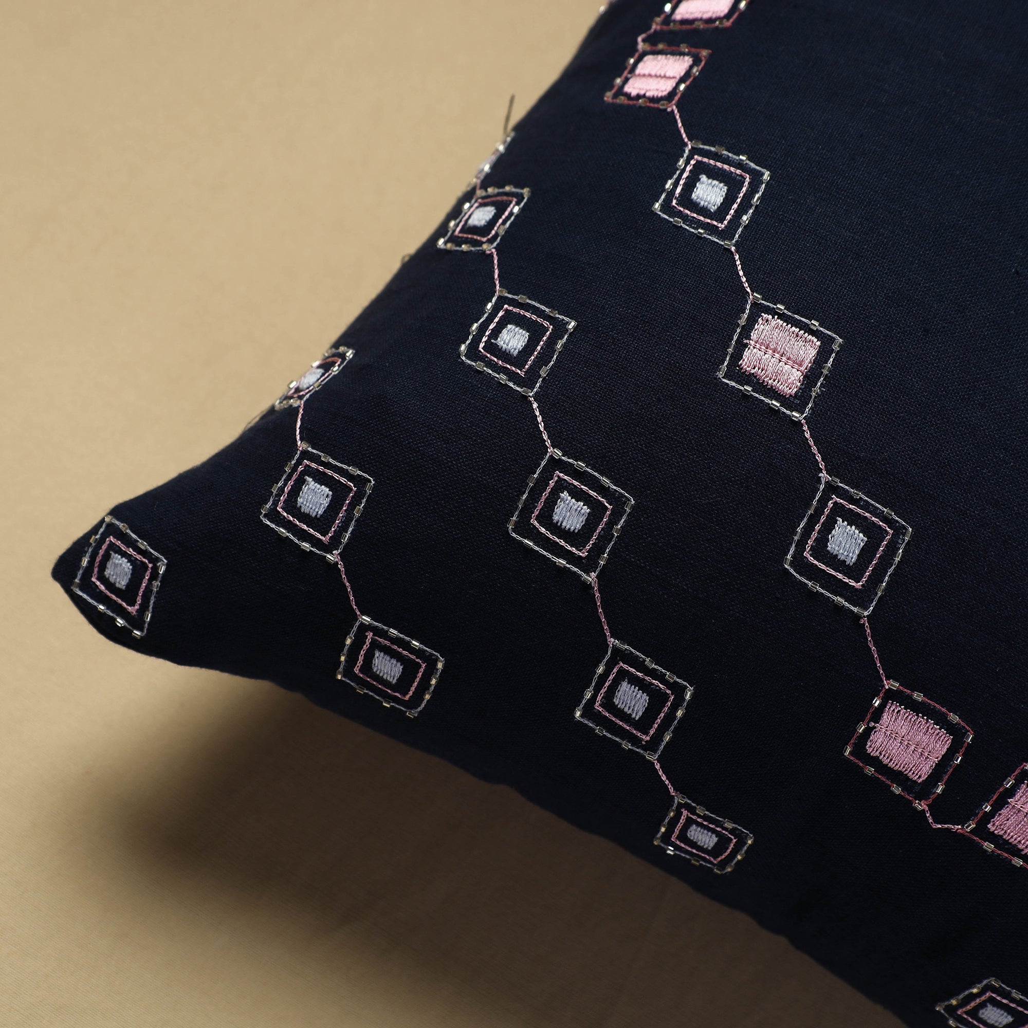 NOORI BAZAR Black - Hand Embroidery Plain Cotton Cushion Cover (16 x 16 in) - view 2