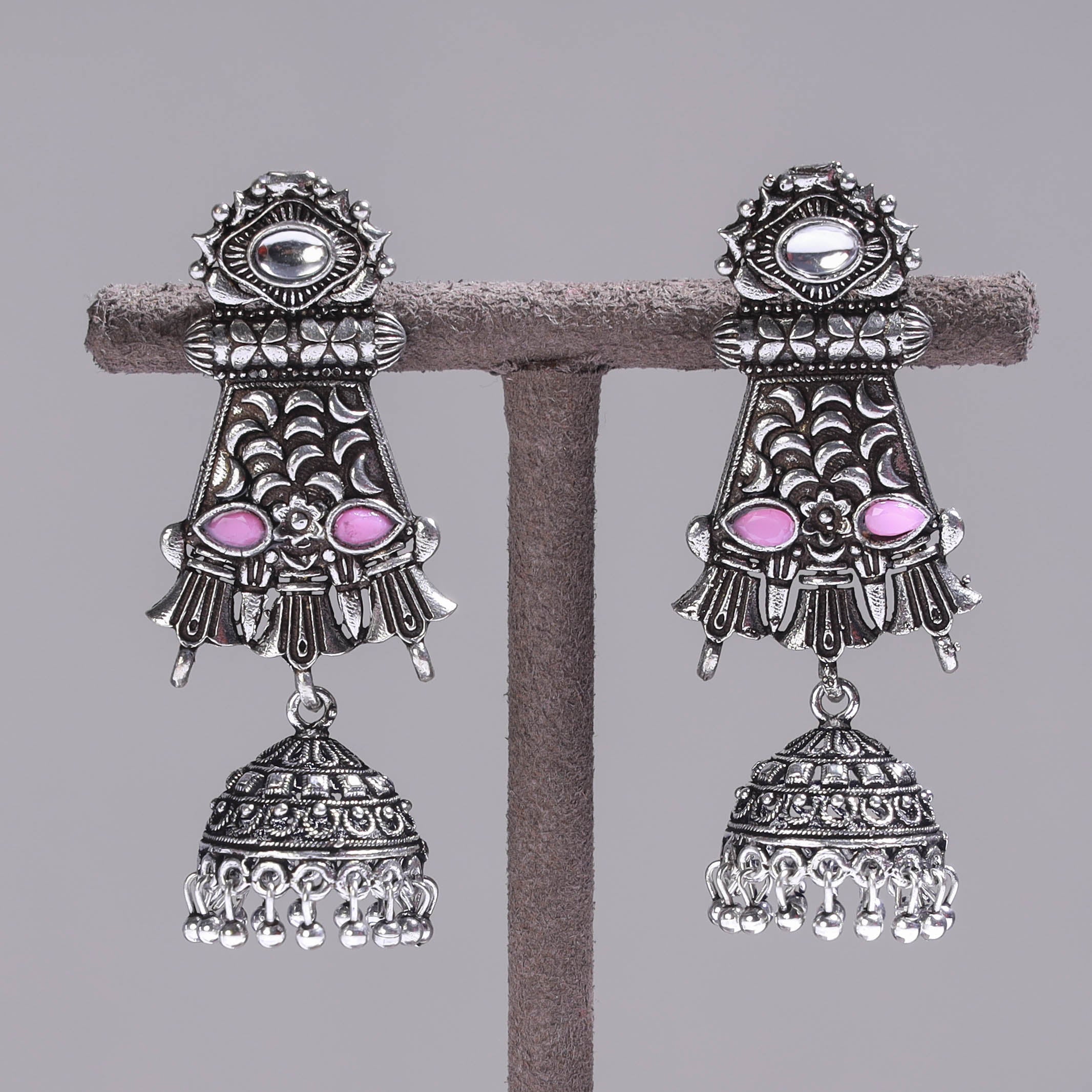 WHITE RIVER STORIES Antique Silver Finish Oxidised Brass Base Stone Work Jhumki Earrings - view 2