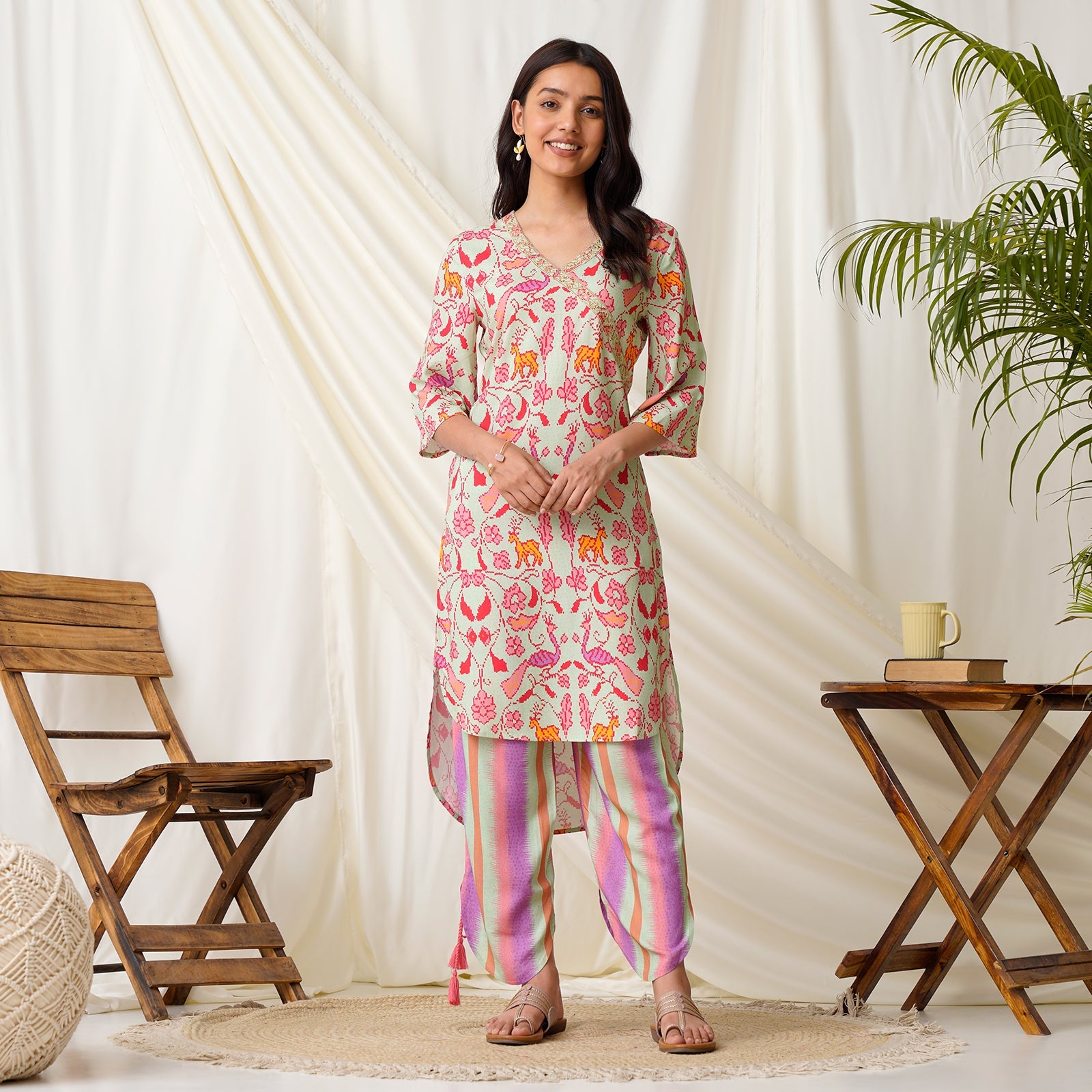 BlackTree Mint Blue Ikat Inspired High low Co-ord Set