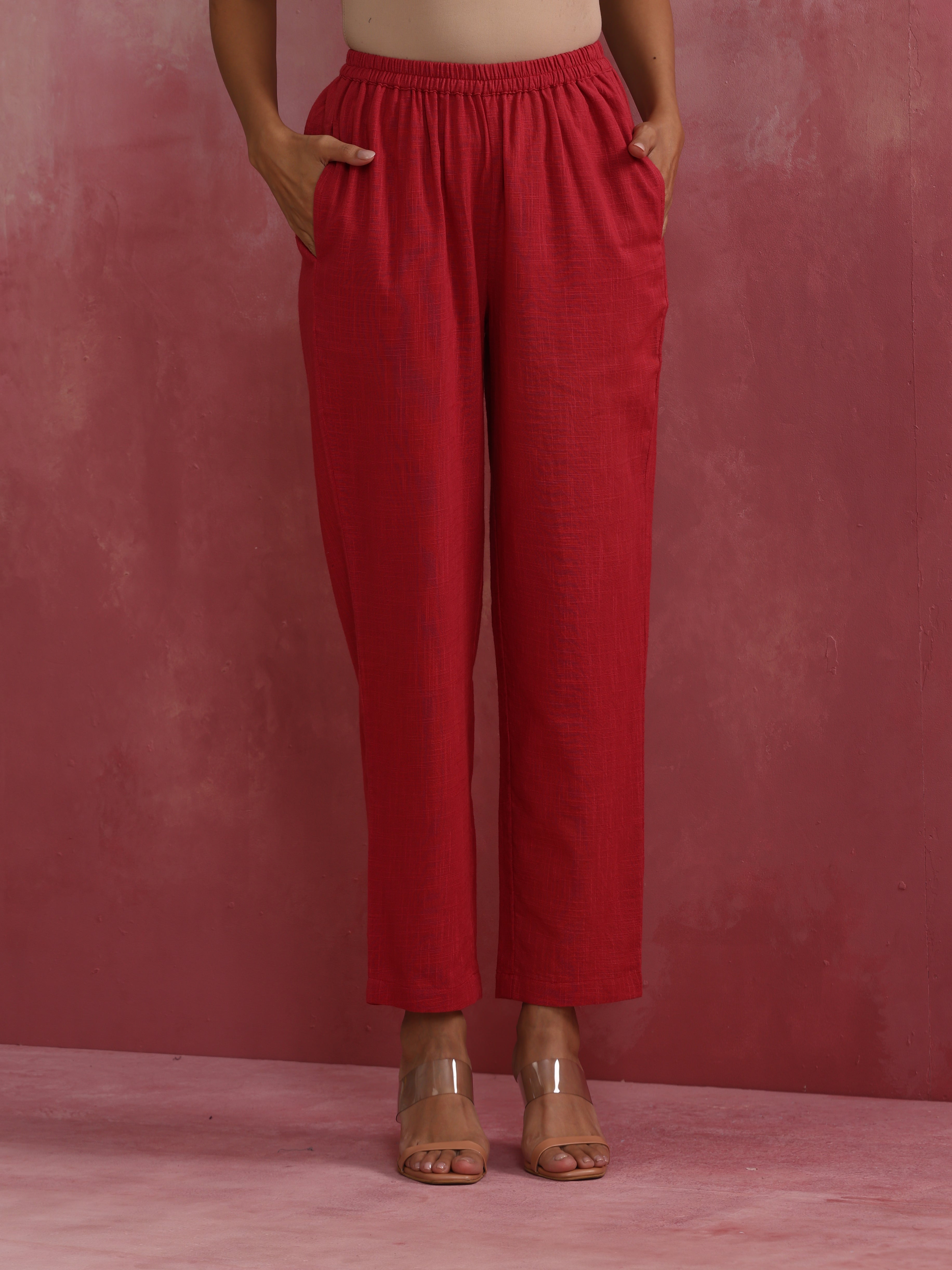 trueBrowns Red Straight Cotton Dobby Kurta Set - view 8