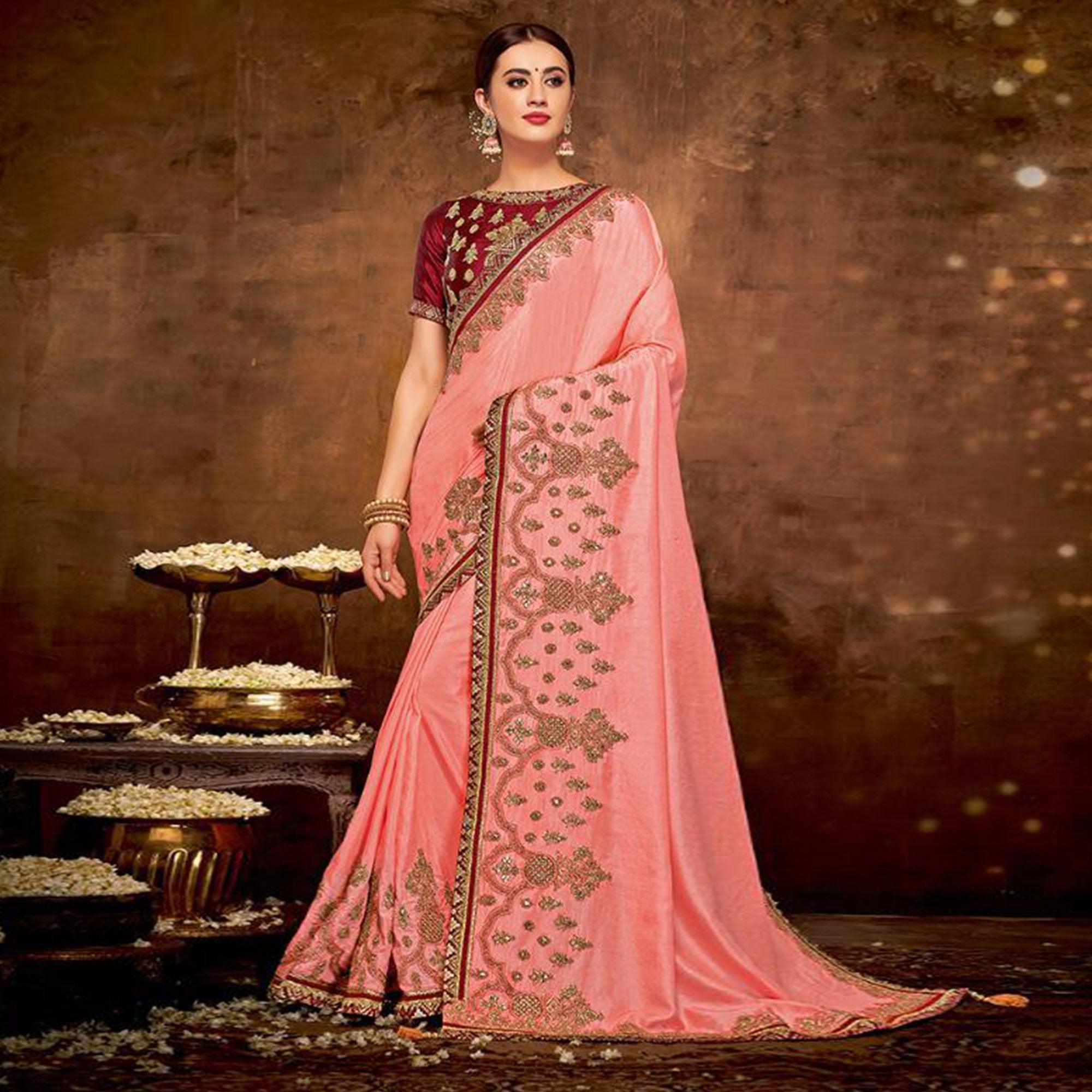 Peachmode Imposing Pink Colored Partywear Embroidered Silk-Georgette Saree