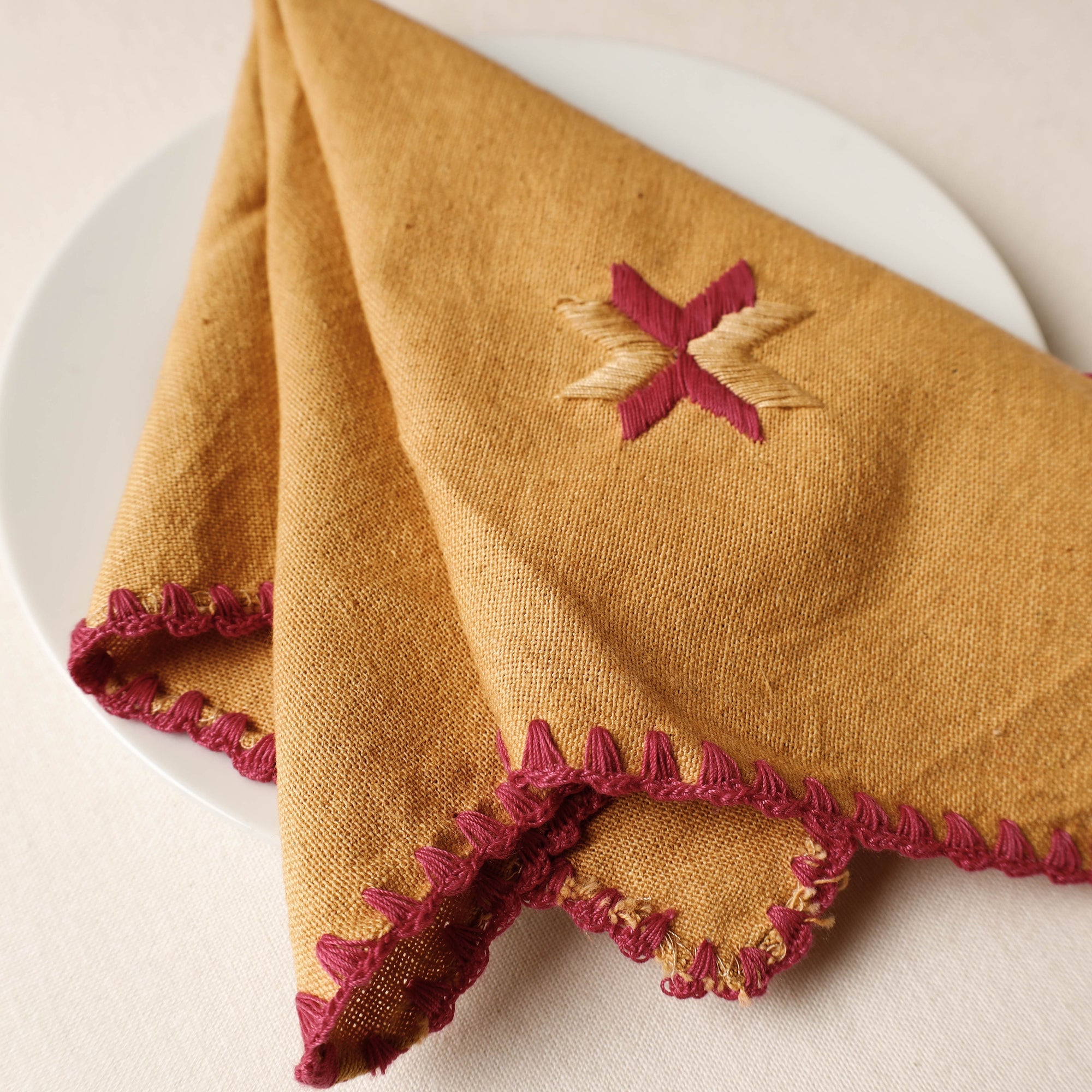 PATIALA HANDICRAFTS Brown - Phulkari Embroidery Reversible Plain Handloom Cotton Napkin (14 x 14 in) - view 2