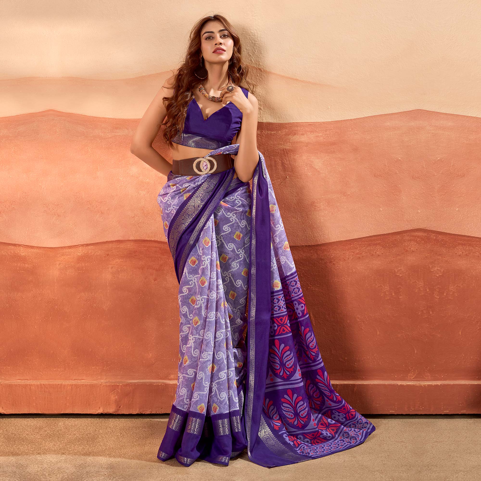 Peachmode Lavender Printed Cotton Silk Saree With Zari Border