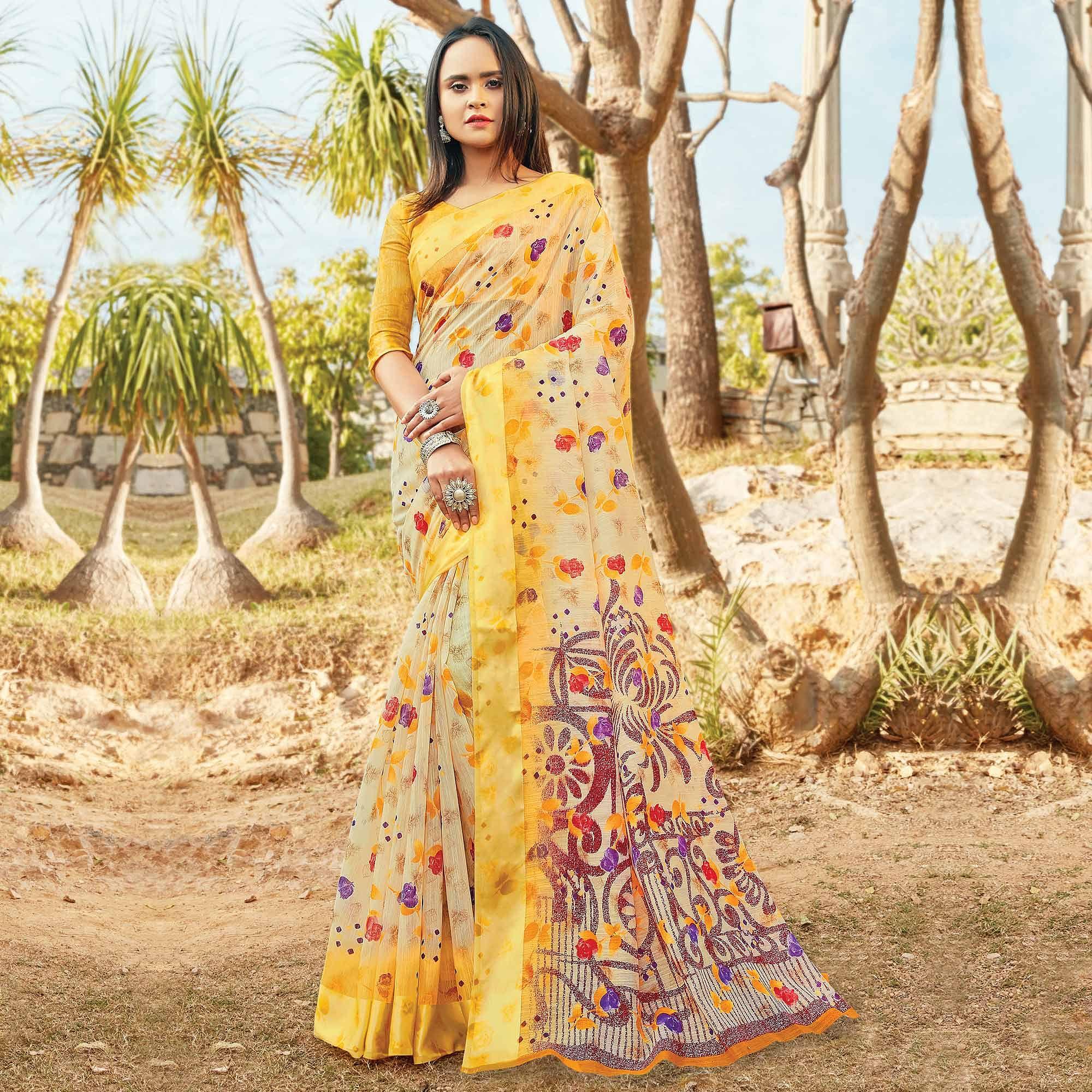 Peachmode Mesmeric Yellow Colored Casual Wear Printed Cotton Saree