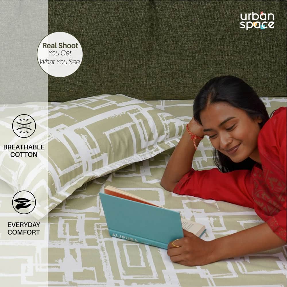Urban Space -Home Furnishing Store Serene Collection - Breathable 200 TC 100% Pure Cotton Bedsheet with Pillow Cover, Checkers - Green - view 5