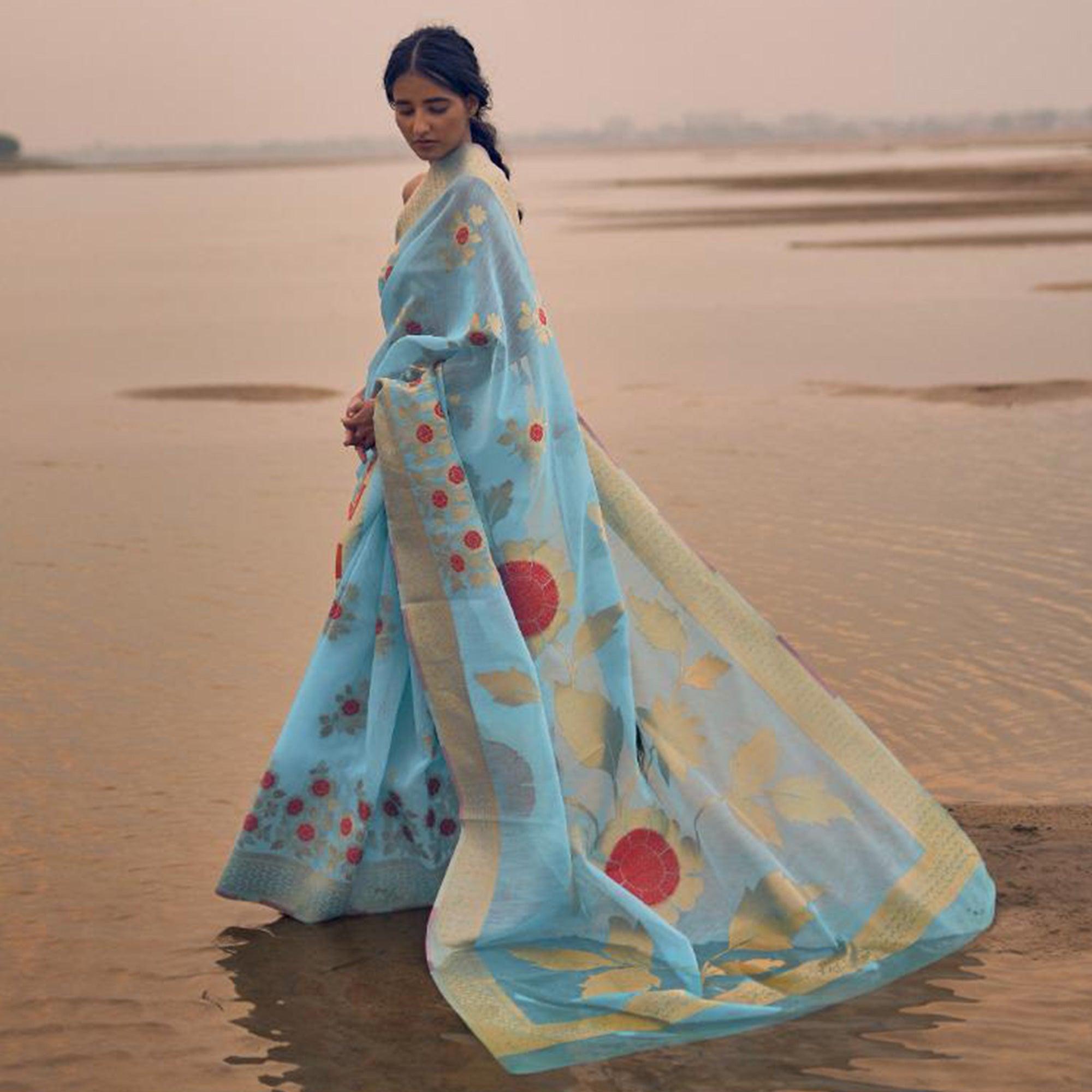 Peachmode Impressive Sky Blue Colored Festive Wear Woven Pure Linen Silk Saree