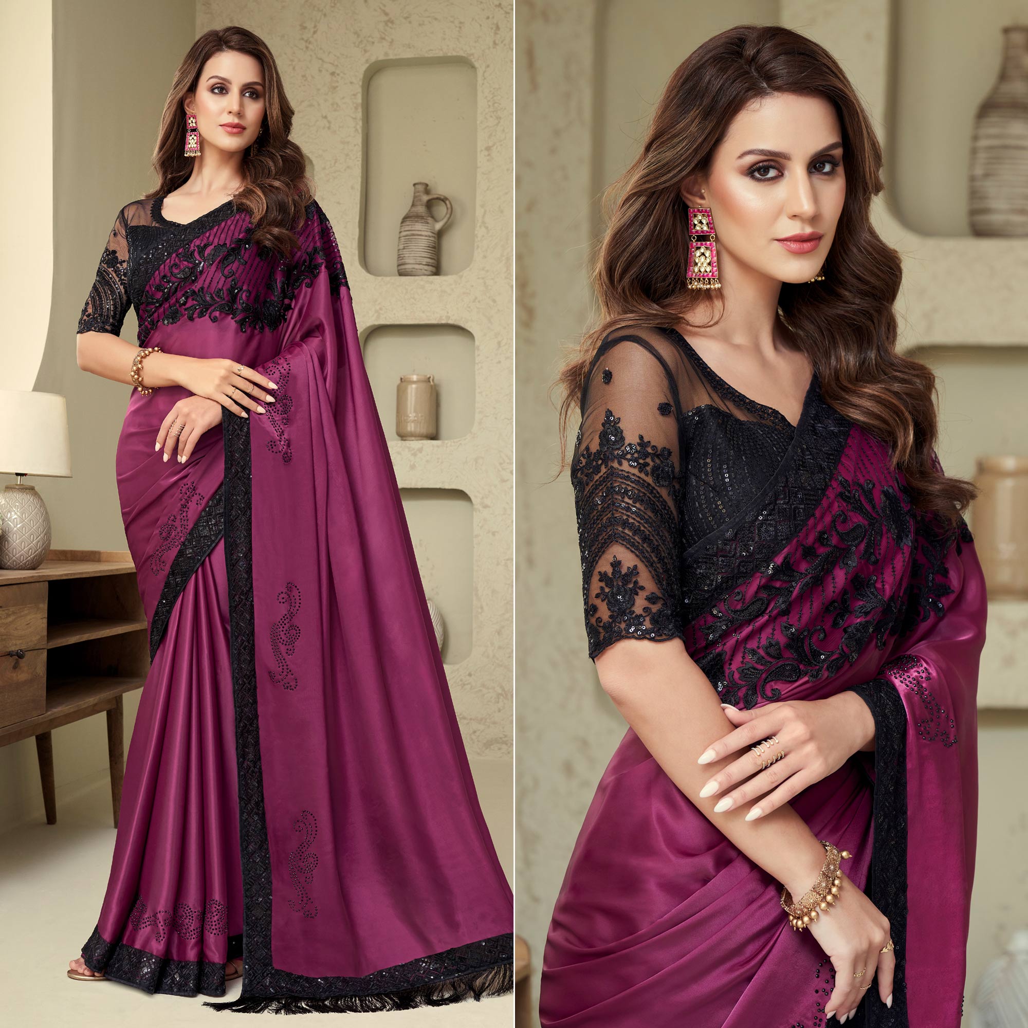 Peachmode Magenta Sequins Embroidered Georgette Saree