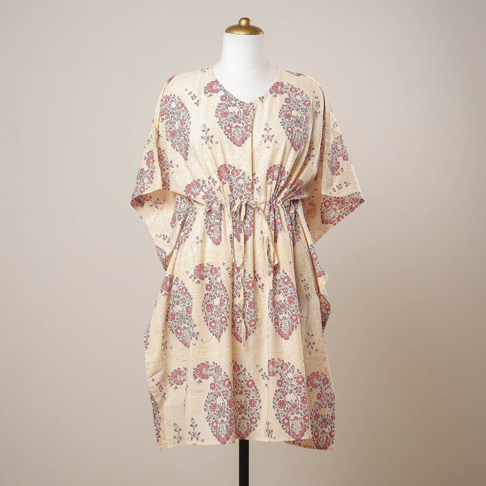 CHUTNEY CRAFT STUDIO Beige - Sanganeri Printed Cotton Kaftan with Tie-Up Waist (Medium)