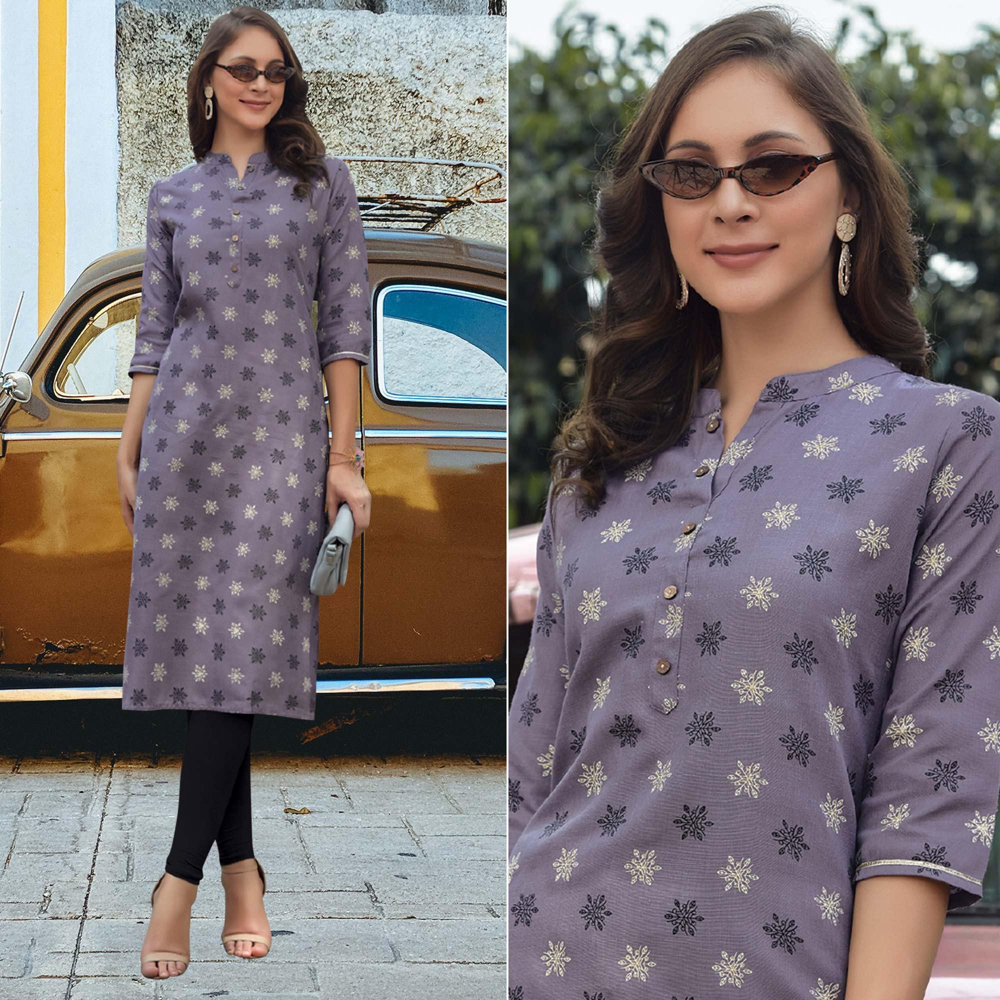 Peachmode Seller Light Purple Printed Cotton Blend Kurti