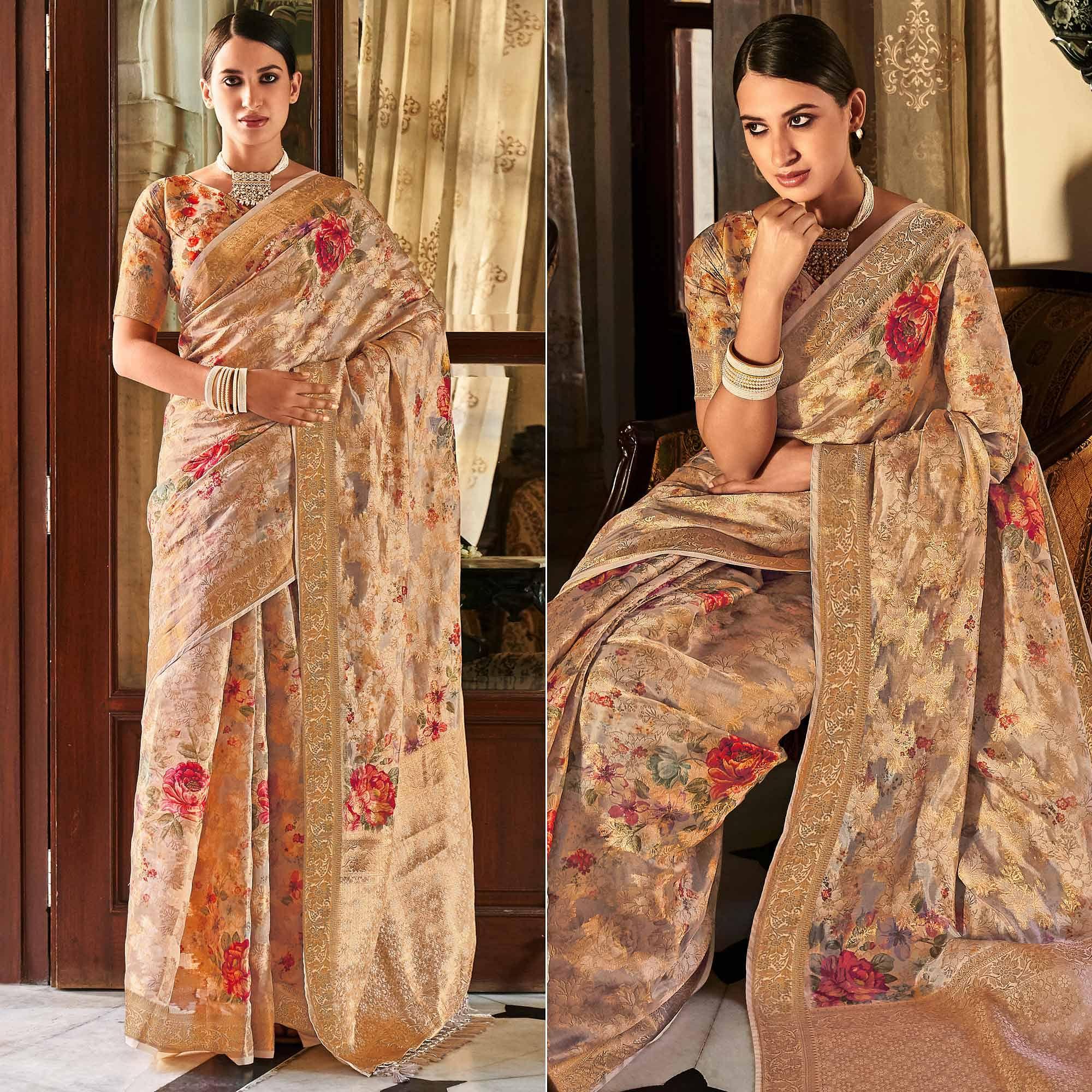 Peachmode Chikoo Woven With Printed Cotton Silk Saree With Tassels