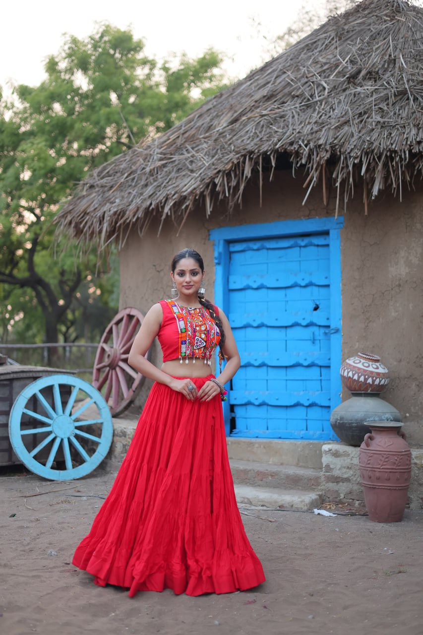 ClothsVilla Red Traditional Reyon Lehenga Set with Embroidered Blouse and Koti