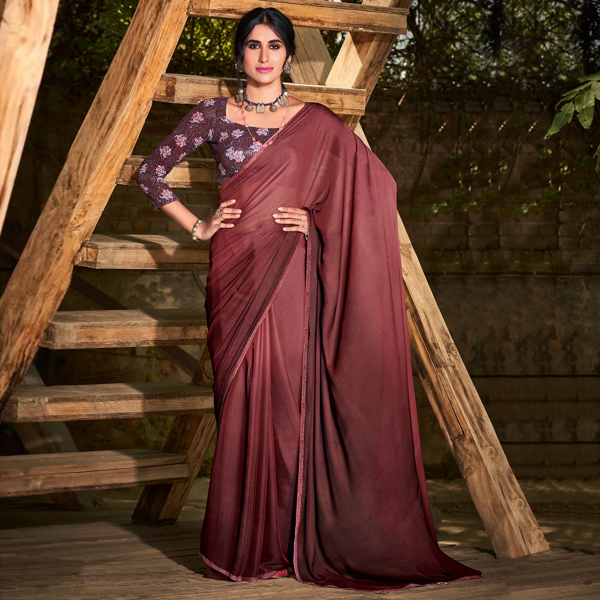 Peachmode Dark Maroon Printed With Swarovski Work Chiffon Ombre Saree