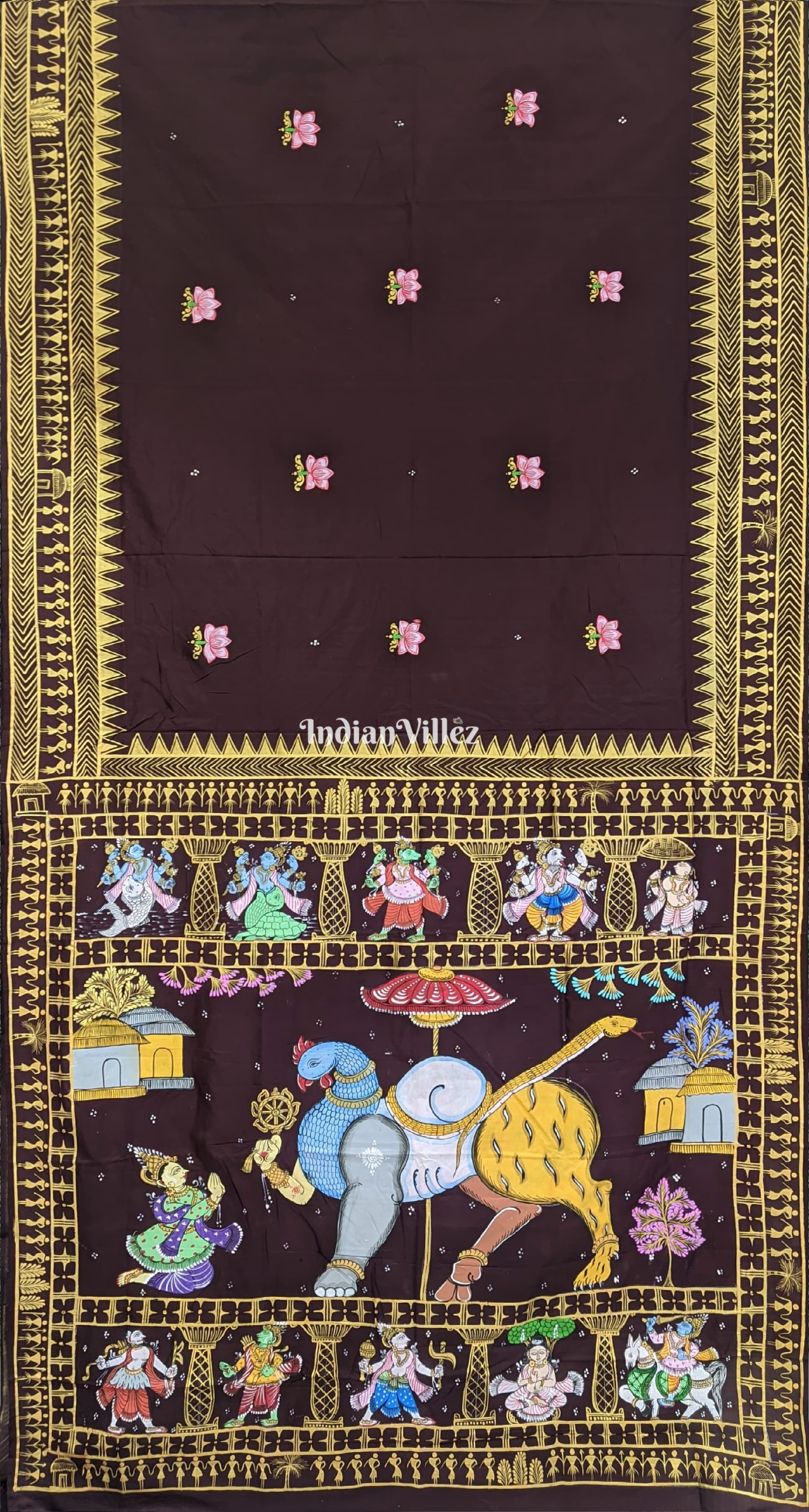 IndianVillèz Arjuna Bows to Navagunjara Pure Hand-Painted Pattachitra Saree - view 8