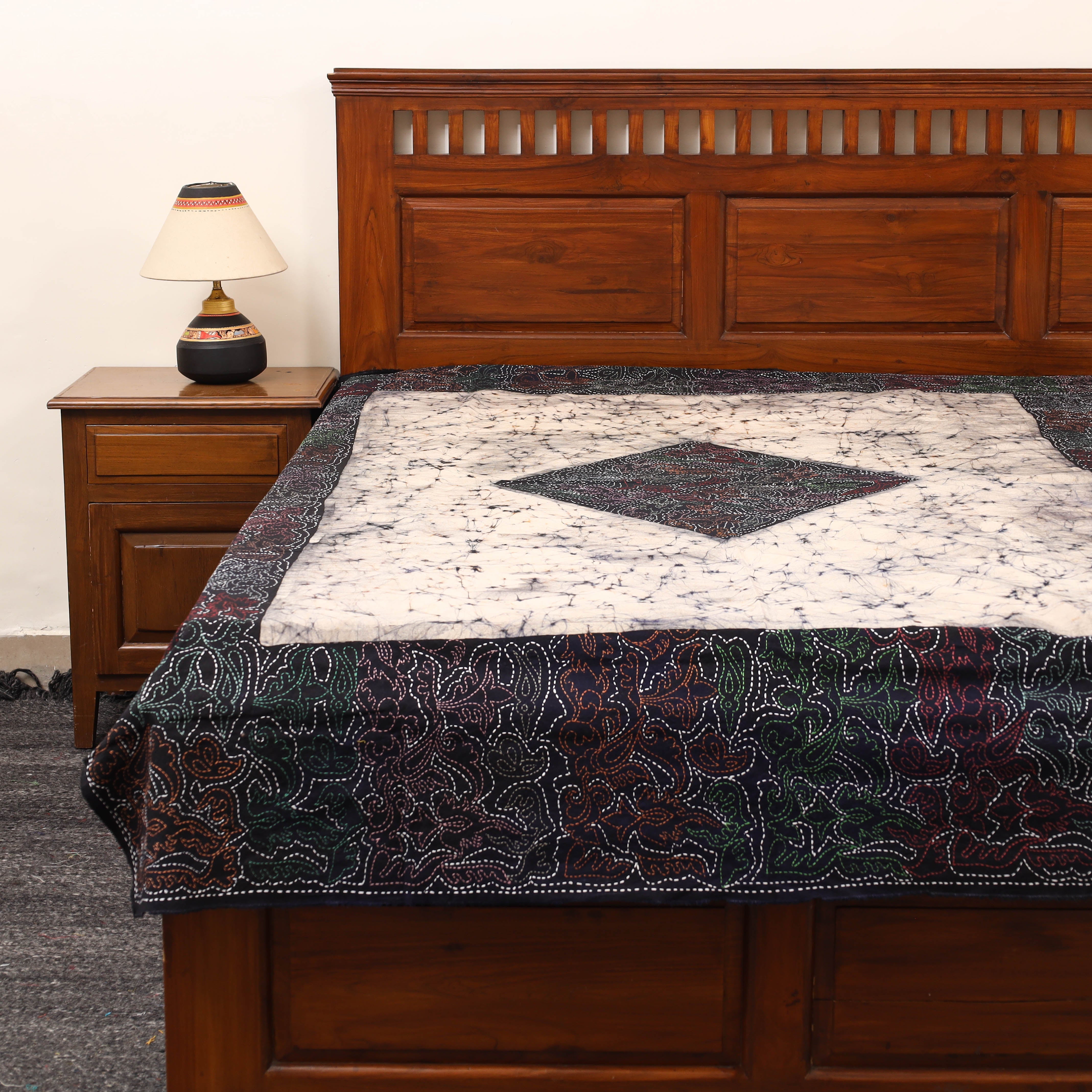 KHUSHBASH - HAPPY LOOM OF EAST Black - Hand Batik Printed Cotton Kantha Work Bedsheet 01
