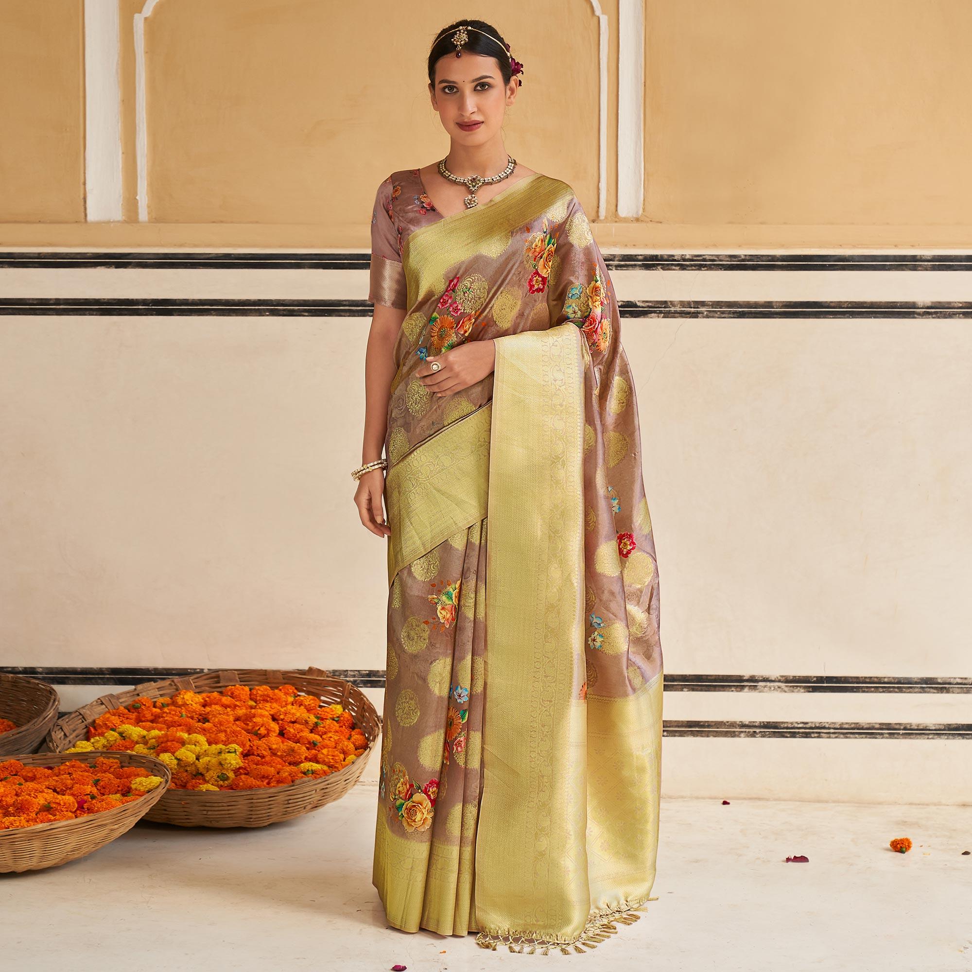 Peachmode Brown Festive Wear Digital Printed Jacquard Silk Saree