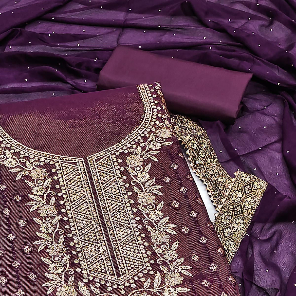 Peachmode Purple Floral Woven Shimmer Jacquard Dress Material - view 2