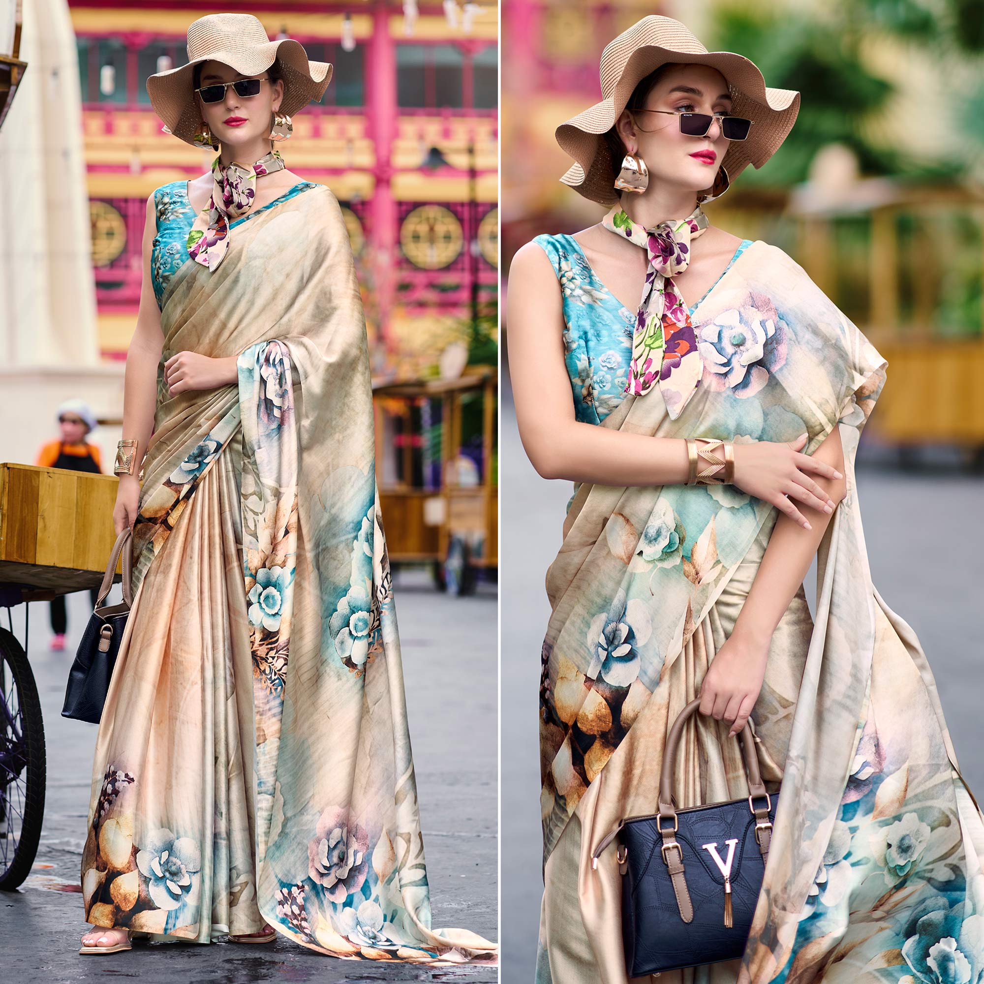 Peachmode Cream Floral Digital Printed Pure Satin Saree