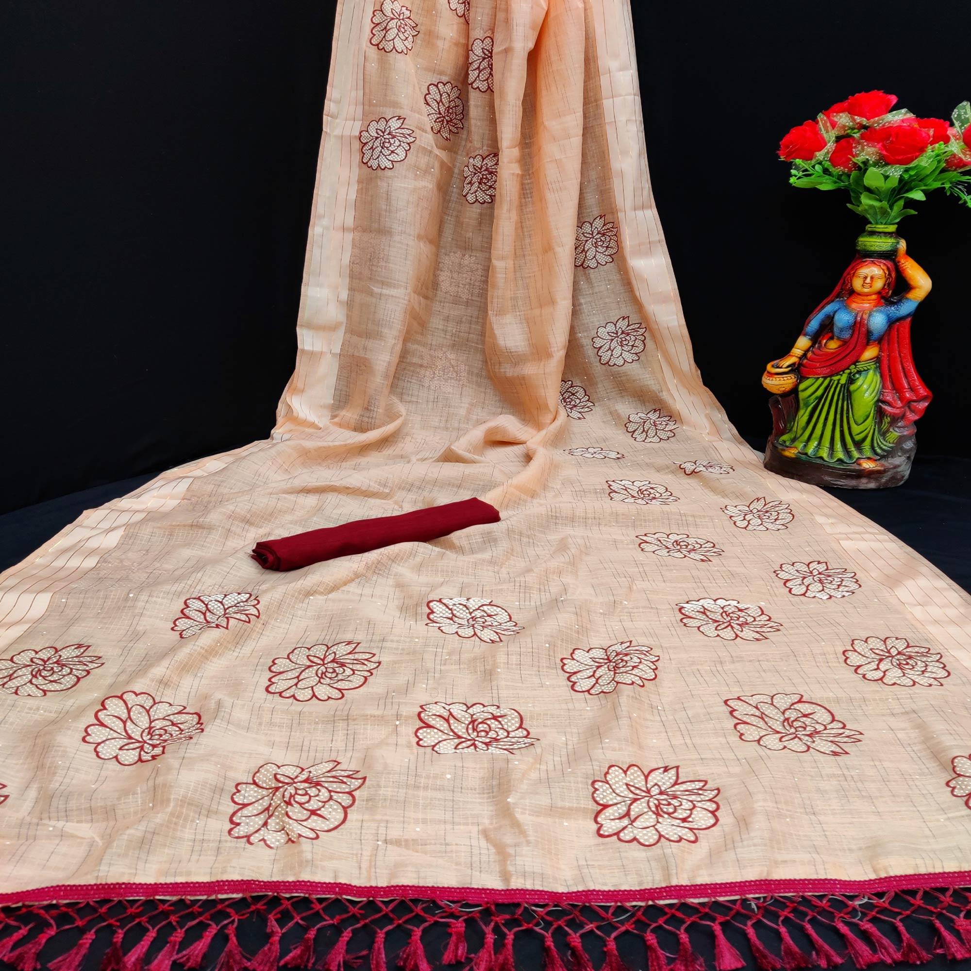 Peachmode Exotic Orange Coloured Striped Pattern Printed Casual Wear Cotton Saree