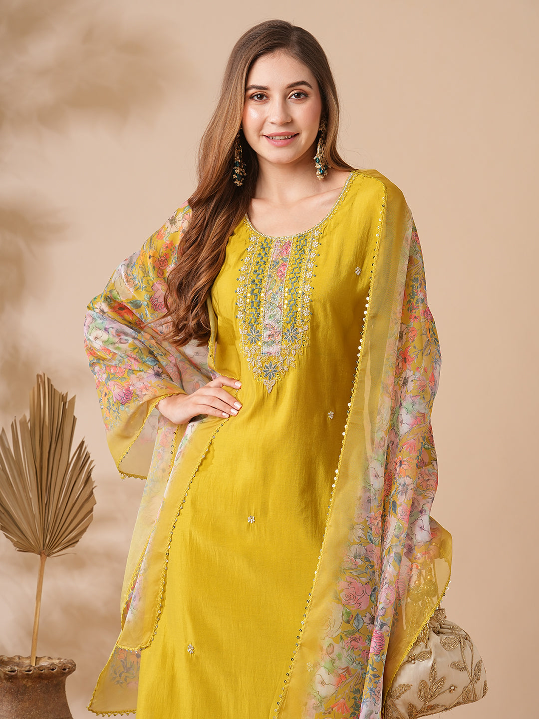 Fashor Solid Zardozi, Mirror & Stone Embroidered Kurta with Pants & Floral Dupatta - Lime Green - view 2