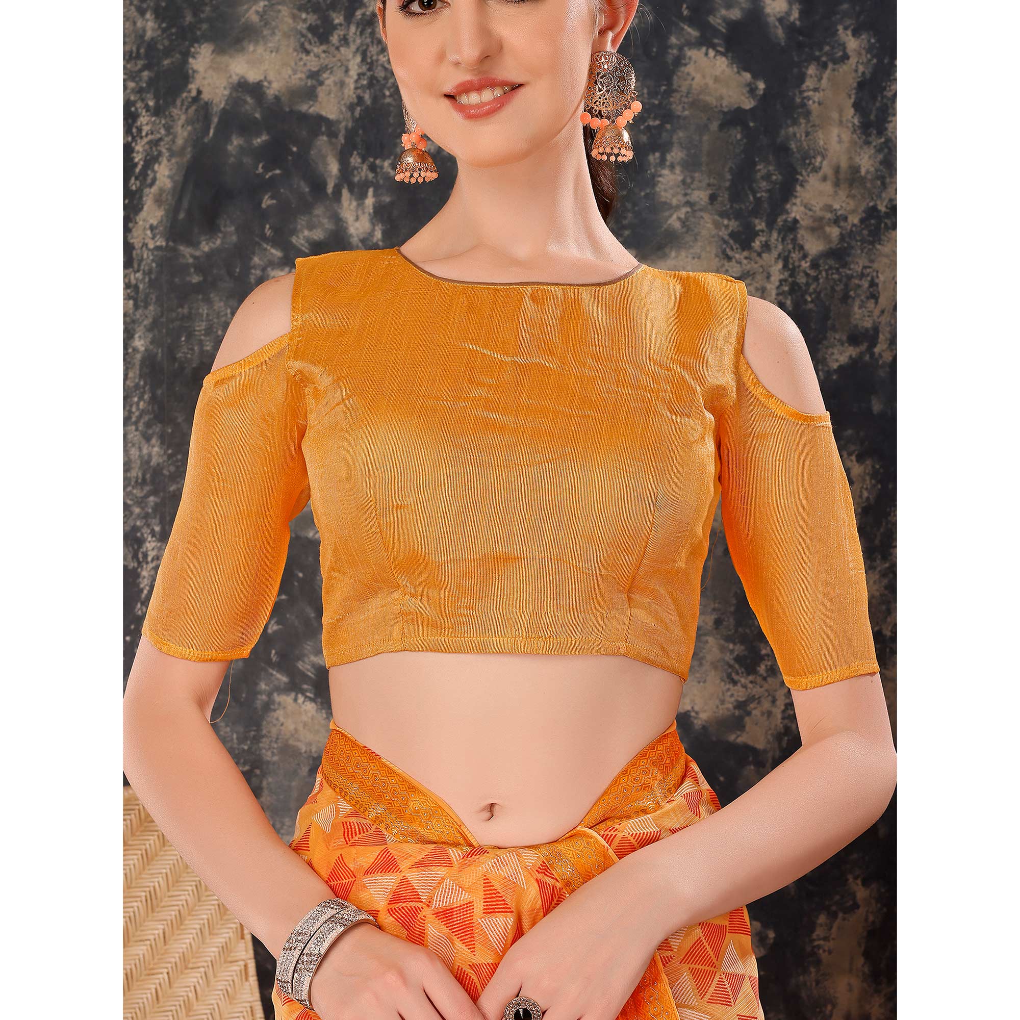 Peachmode Light Orange Geometric Printed Chiffon Saree With Lace Border - view 8