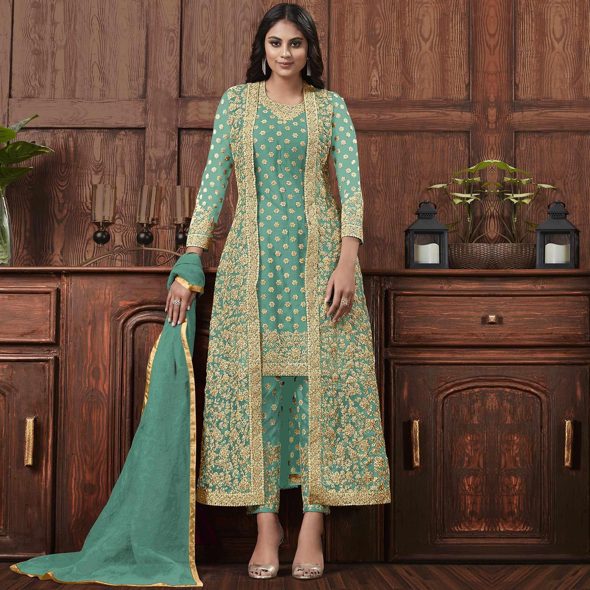 Peachmode Flirty Aqua Blue Coloured Partywear Embroidered Butterfly Net Pakistani Straight Suit
