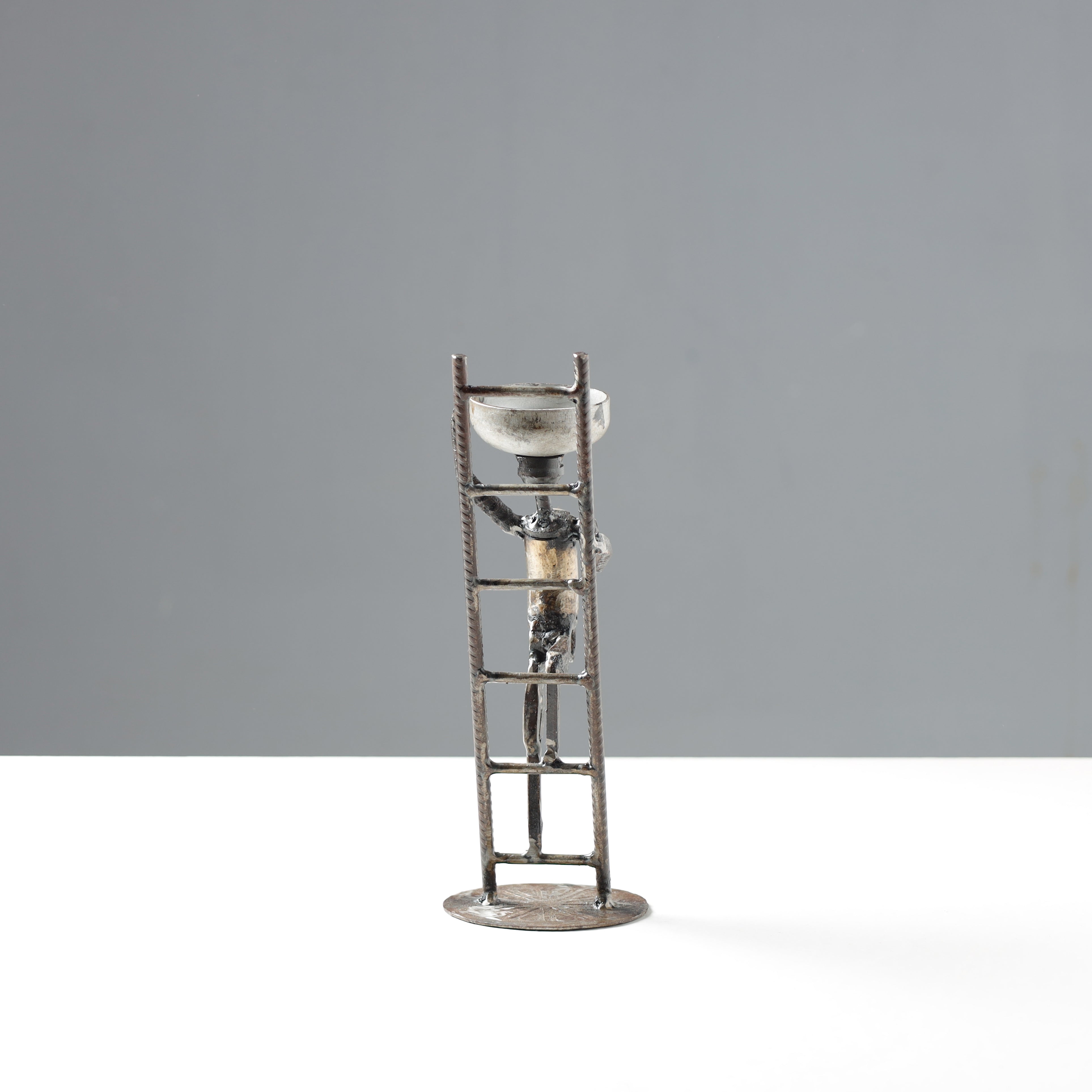 Ladder Man with Basket - Handmade Recycled Metal Sculpture by Debabrata Ruidas - view 3