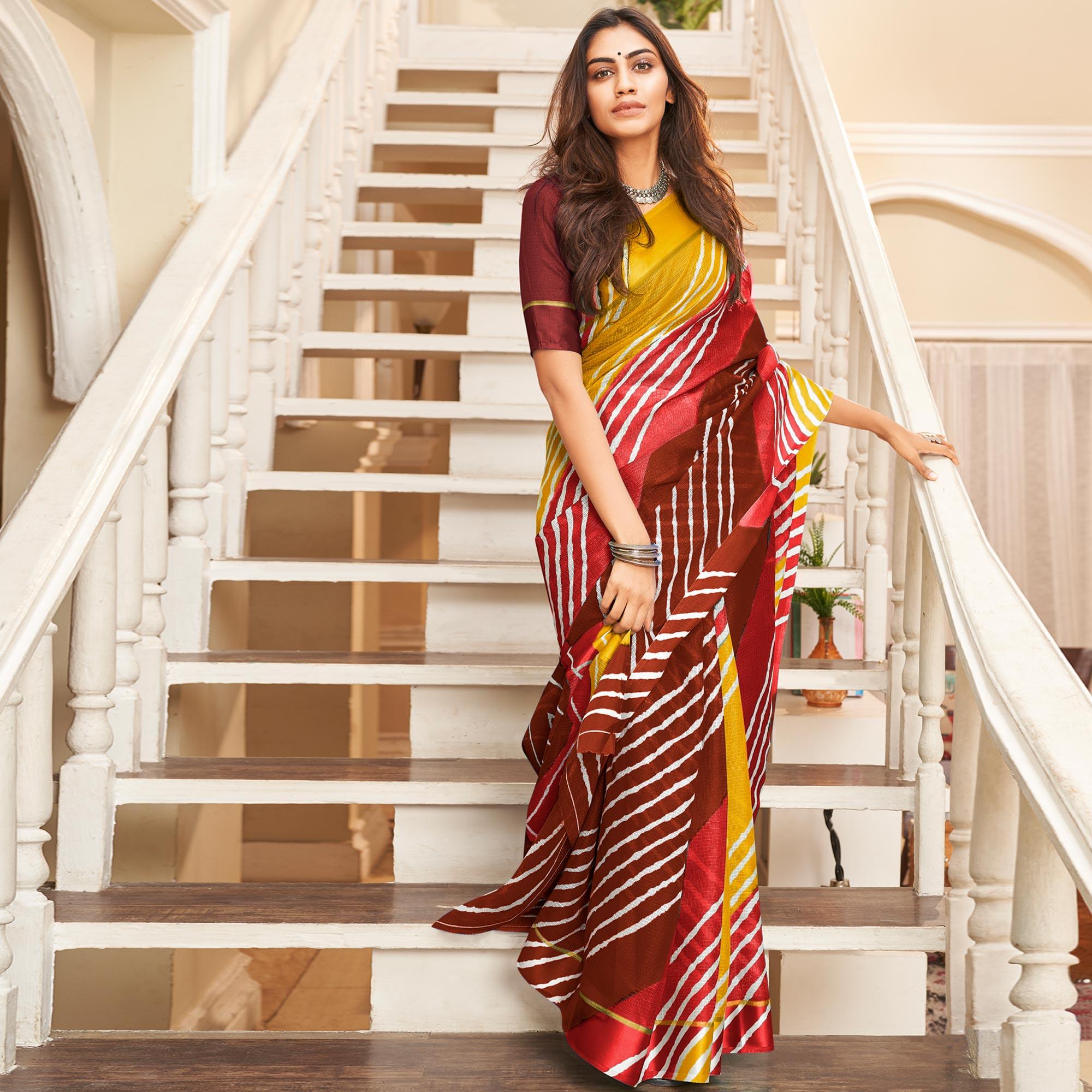 Peachmode Maroon Striped Printed Kota Doria Saree