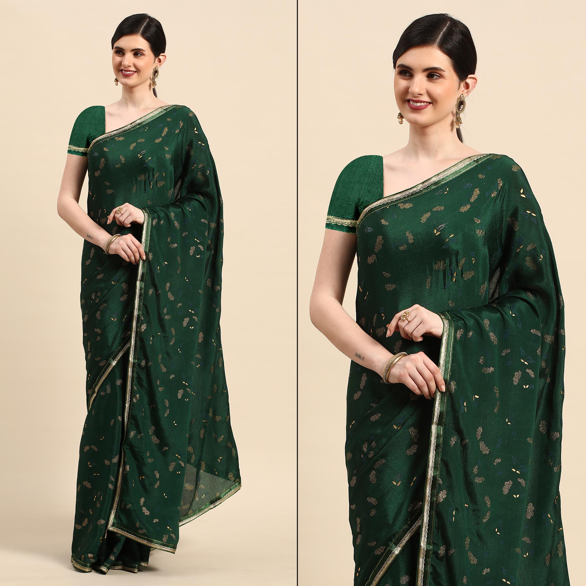 Green sarees – BlackTree green-foil-printed-chiffon-saree – Women's