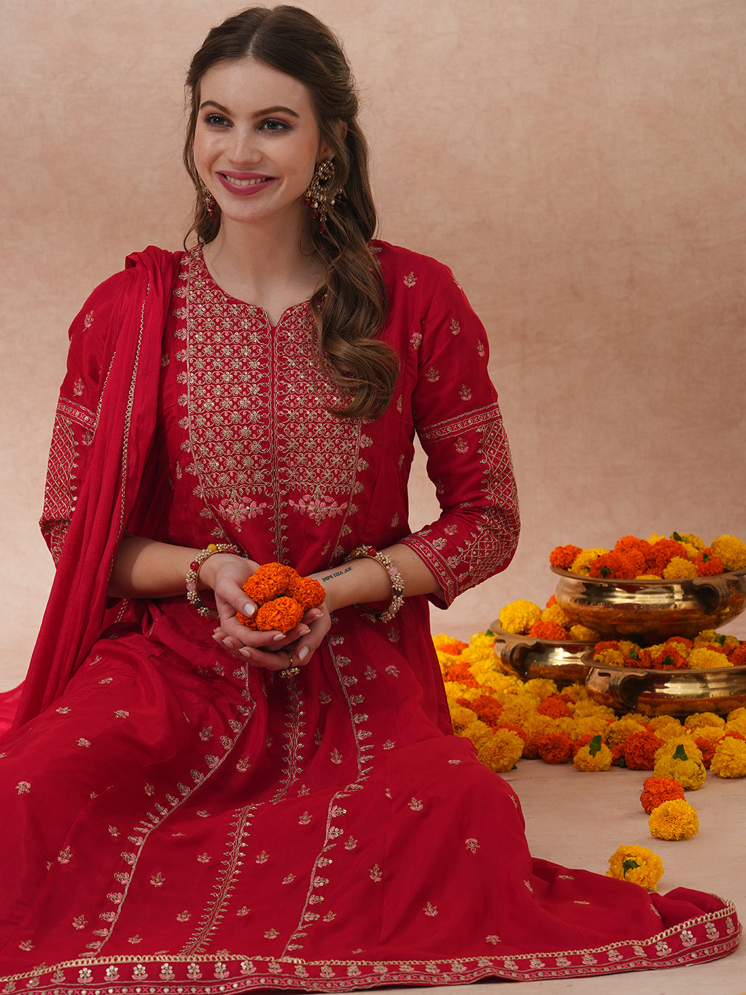 FASHOR Solid Ethnic Embroidered Anarkali Flared Kurta with Pant & Dupatta - Red - view 2