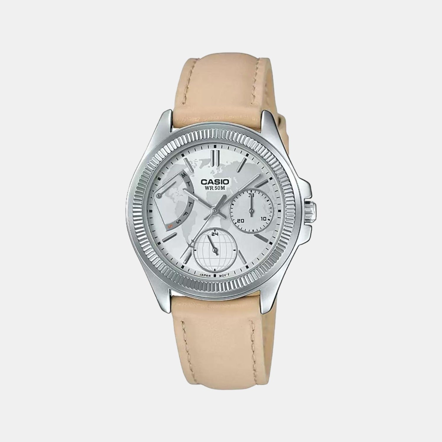 Casio Enticer Women Quartz Silver Dial Chronograph Leather Watch A1581