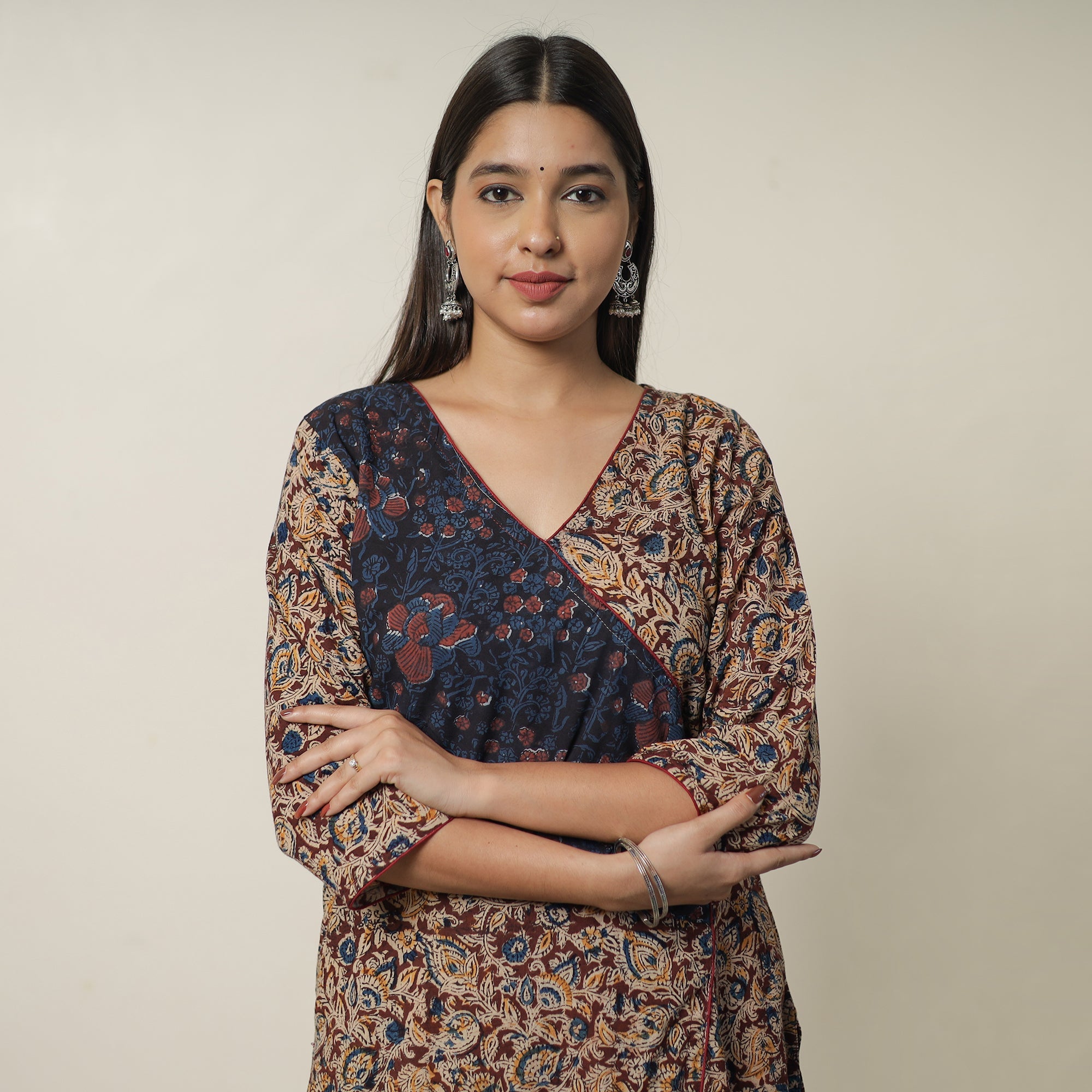 ITOKRI CASUALS Brown - Pedana Kalamkari Block Printed Cotton Straight Kurta with Ajrakh Patchwork 09