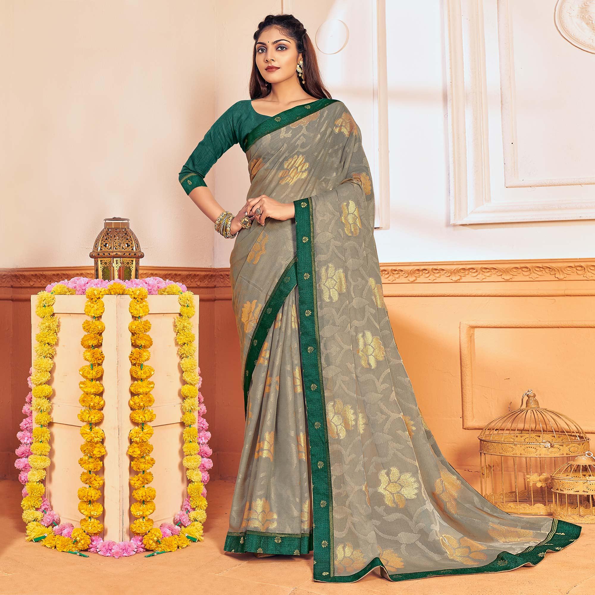 Peachmode Grey Woven Brasso Saree – Women's