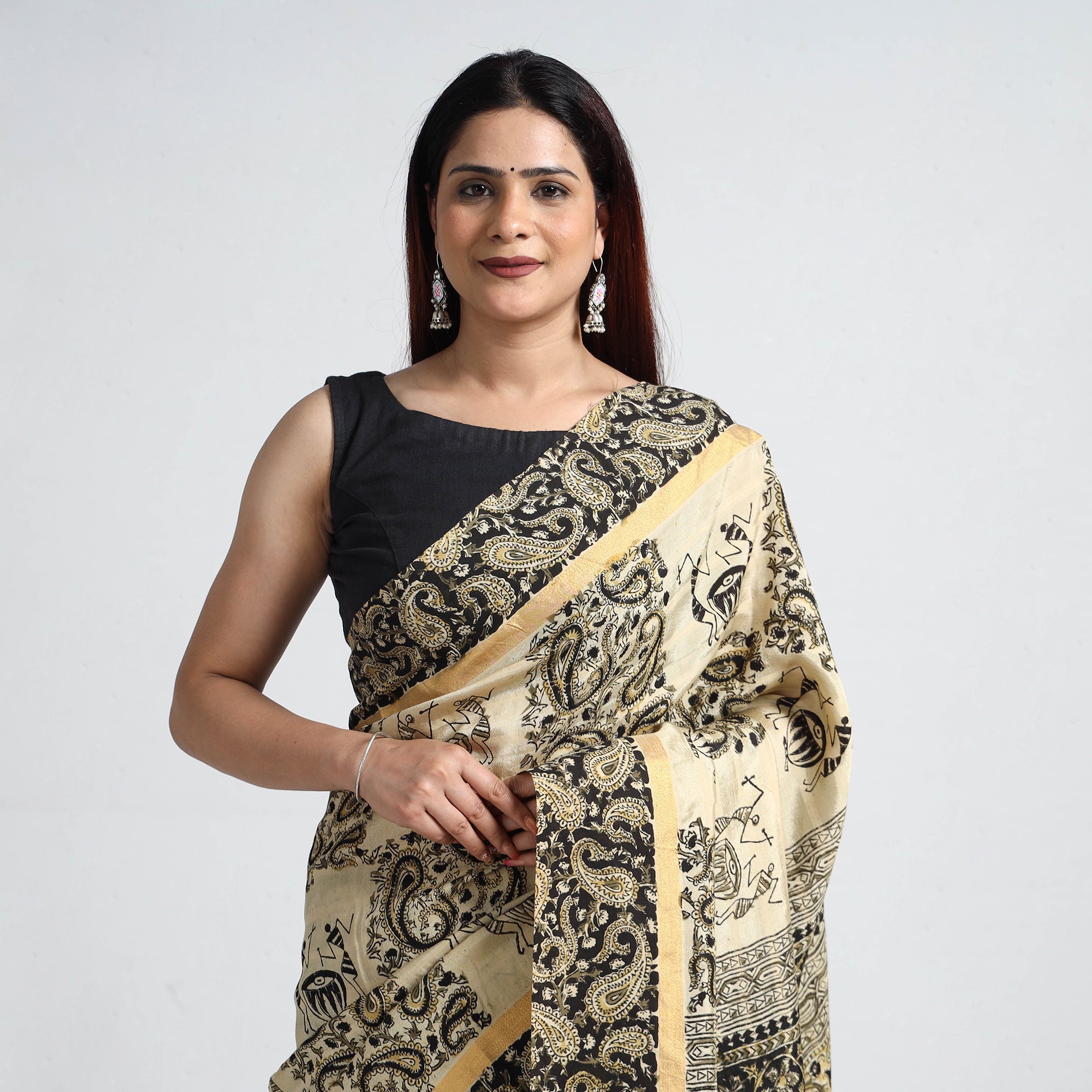 SOUTH KARGHA Beige - Kalamkari Printed Silk Cotton Saree with Zari Border - view 4
