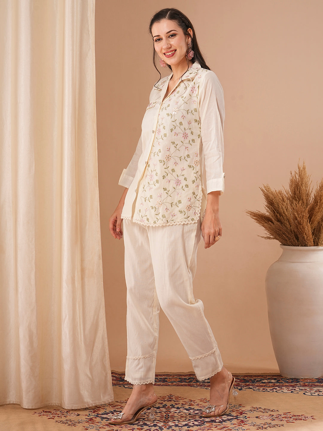 FASHOR Solid Resham & Sequin Floral Embroidered Straight Fit Co-ord Set - Off White