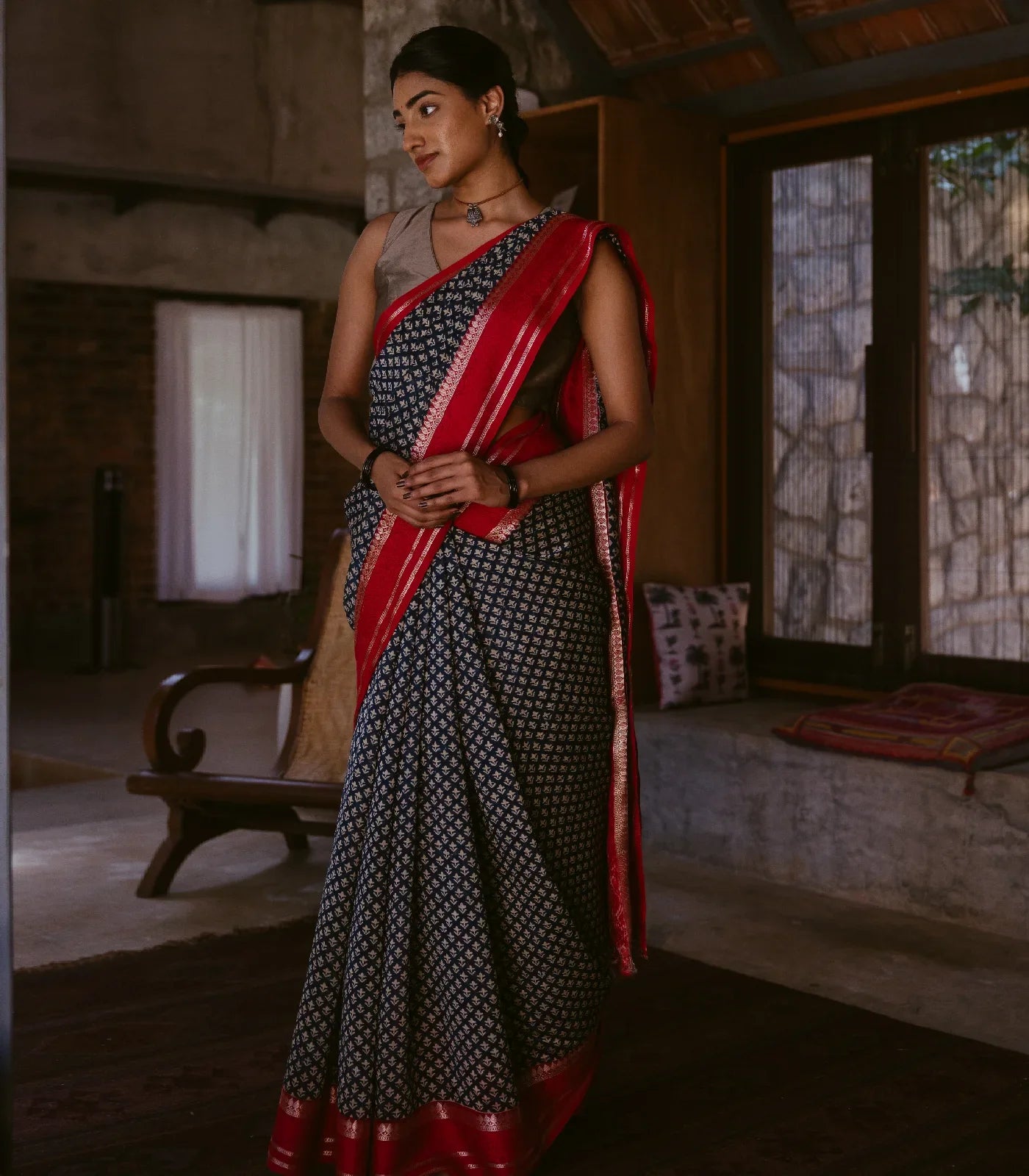 RmKV Indo Chanderi Cotton Saree with Screen-printed Floral Motifs in a striking red border