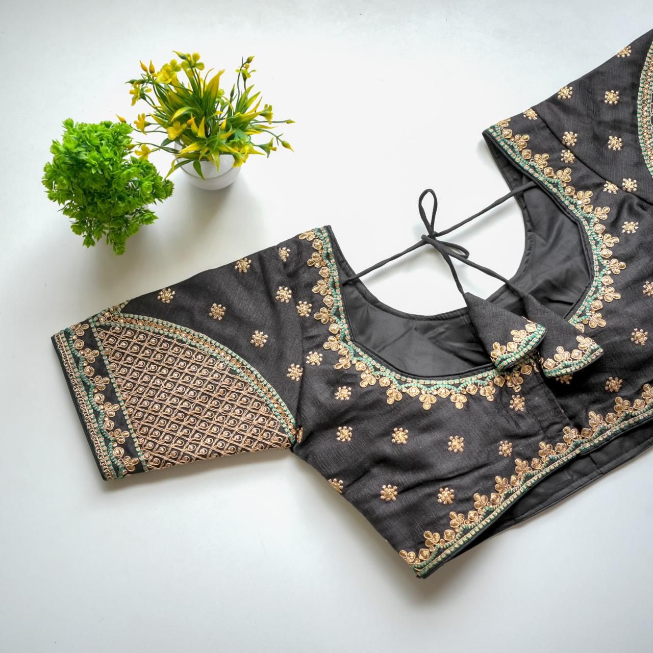 ClothsVilla Grey Mulmul Silk Blouse with Golden Embroidery and Sequins