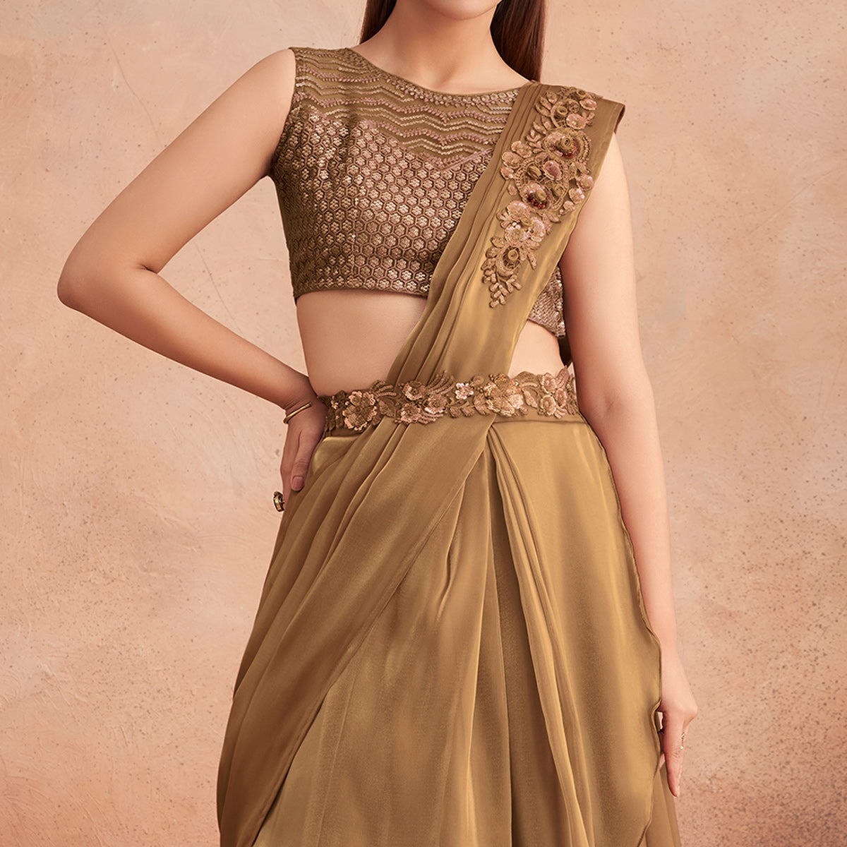 Peachmode Seller Brown Sequins Embroidered Ready to Wear Art Silk Saree - view 3
