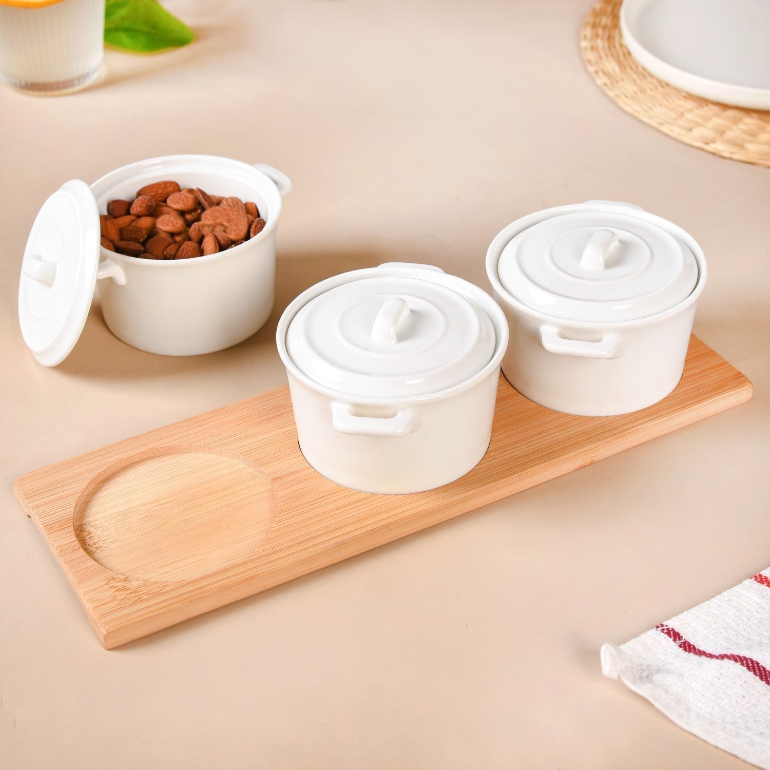Nestasia Small Ceramic Bowl Set Of 3 With Bamboo Tray 250ml
