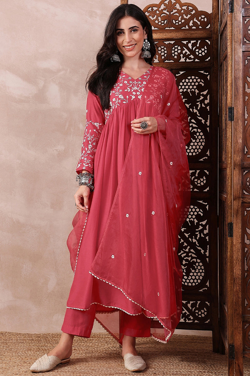 Ahika Red Cotton Blend Solid Embroidered A-Line Trouser Bottom Suit Set PKSKD2375