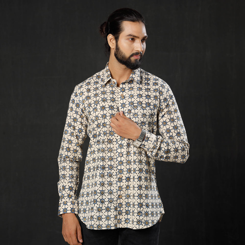 ITOKRI CASUALS Beige - Geometric Buta Ajrakh Block Printed Cotton Men Full Sleeve Shirt - view 4