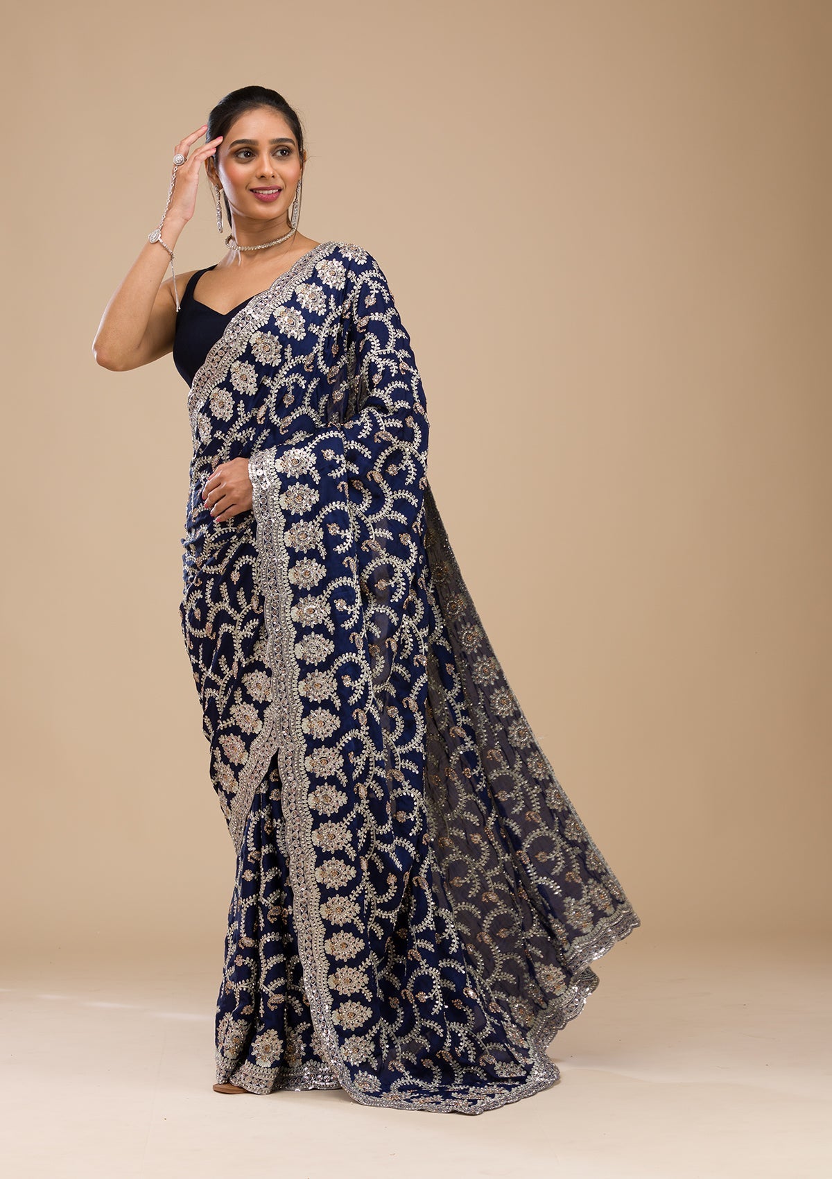 Koskii Navy Blue Zariwork Georgette Saree – Women's