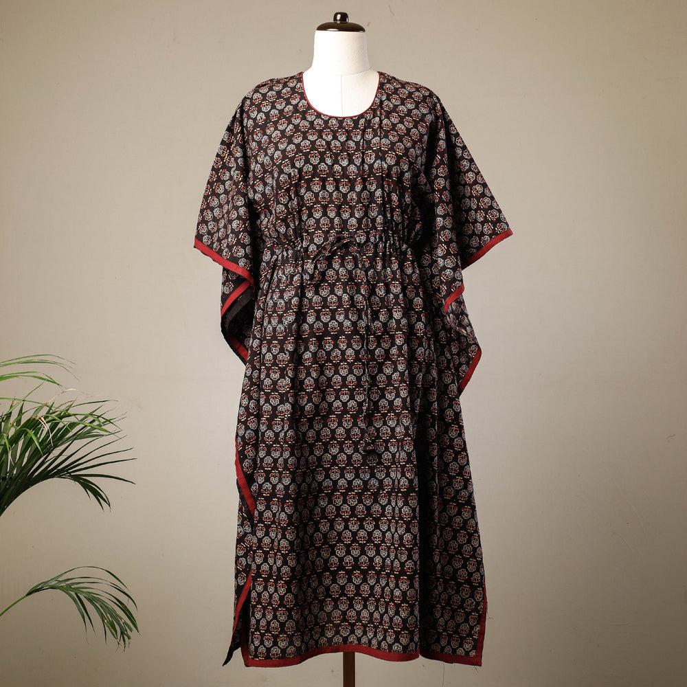 KACHCHH JI CHHAAP Black - Ajrakh Hand Block Printed Cotton Kaftan with Tie-Up Waist (Long)