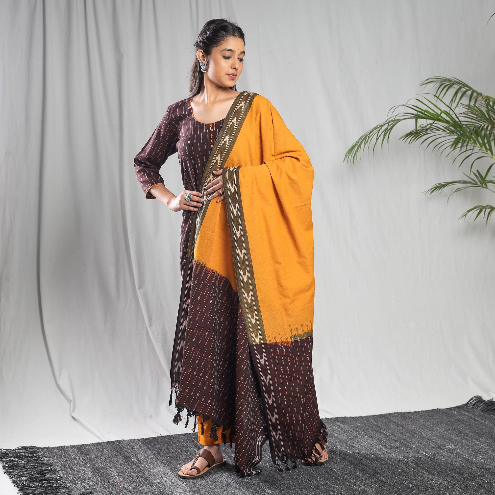 ITOKRI CASUALS Brown - Pochampally Ikat Cotton Kurta with Palazzo & Dupatta Set - view 2