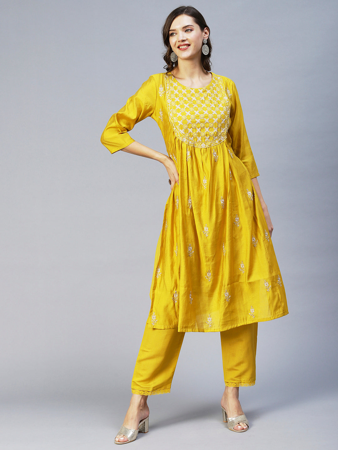 Fashor Ethnic Embroidered A-Line Kurta with Pant & Dupatta - Yellow - view 12